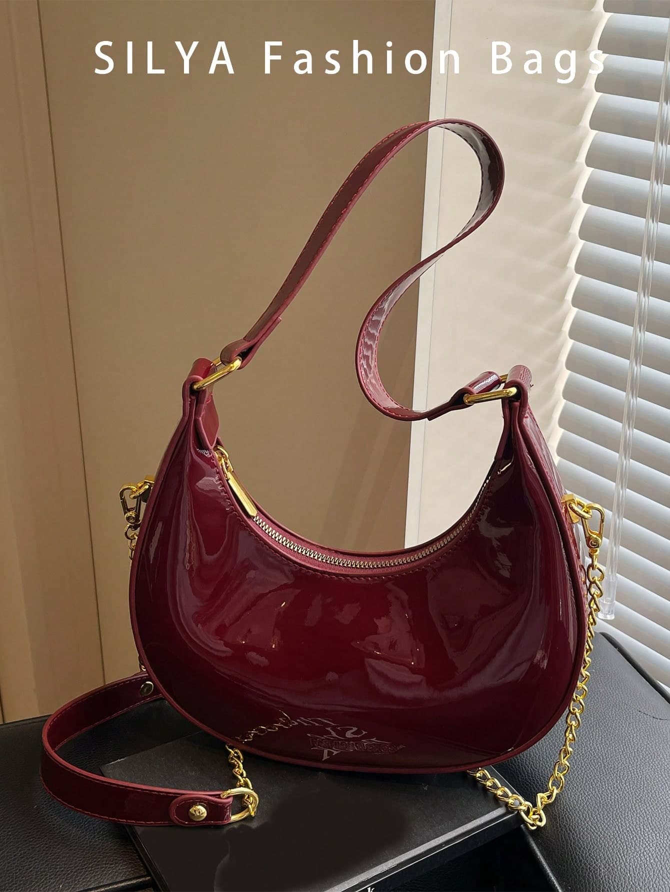 New French Retro Shiny Wine Red Patent Leather Crescent Bag, Simple And Versatile Women's Handbag/Shoulder Bag, PU Material Chain Design, A Must-Have For Dating And Shopping