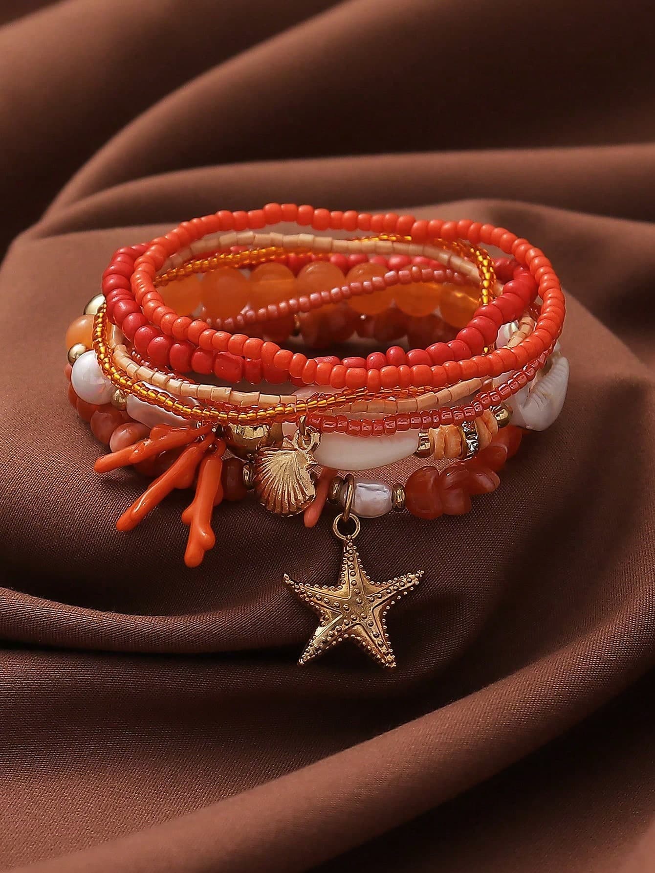 7pcs/Set Pink Series Girly Beach Vacation Style Shell, Starfish & Bead Elastic Bracelet Set, Suitable For Women's Vacation & Daily Wear (Handmade Beaded, Bead Quantity And Sequence Position Random)