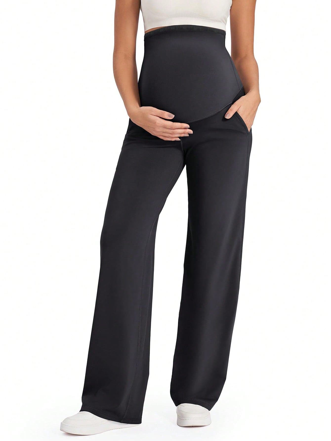 1pc Women's Maternity High Waist Wide Leg Yoga Pants, Adjustable High Elastic Belly Support, Loose Fit With Pockets, Casual Sports Pants Black