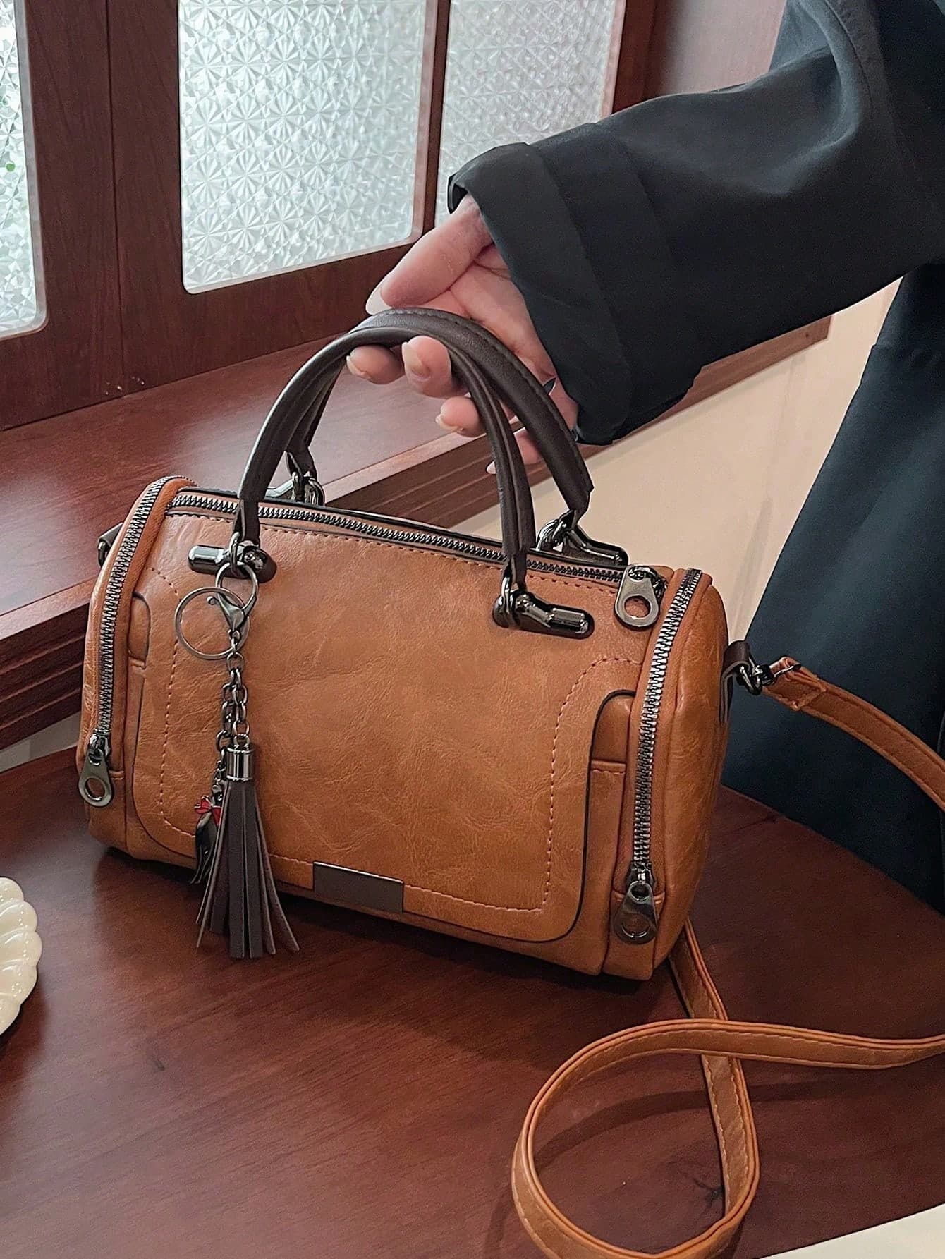 Tassel Decor Handbag, Women's Large Capacity Shoulder Bag, Fashion Zipper Crossbody Bag With Detachable Strap, Bags Ladies Elegant
