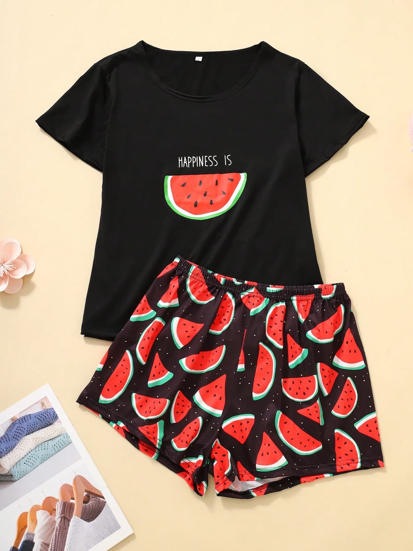 2pcs/Set Pajamas Printed Black Short Sleeve Top And Shorts Sleepwear Set For Women,Two Pieces Set