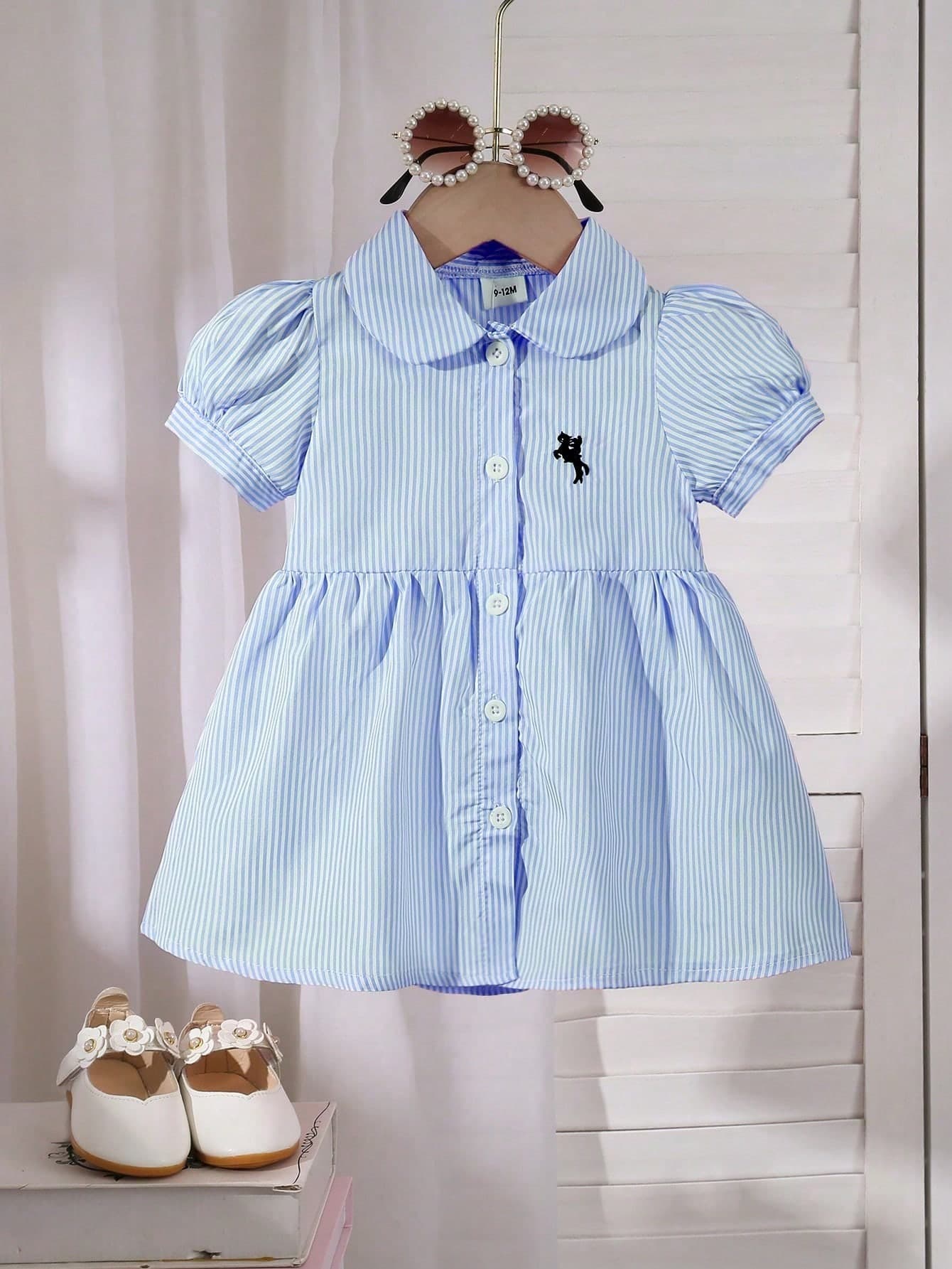Baby Girls' Embroidered Striped Round Neck Short Sleeve Dress, Casual Cute For Spring & Summer Outdoor Activities, Versatile