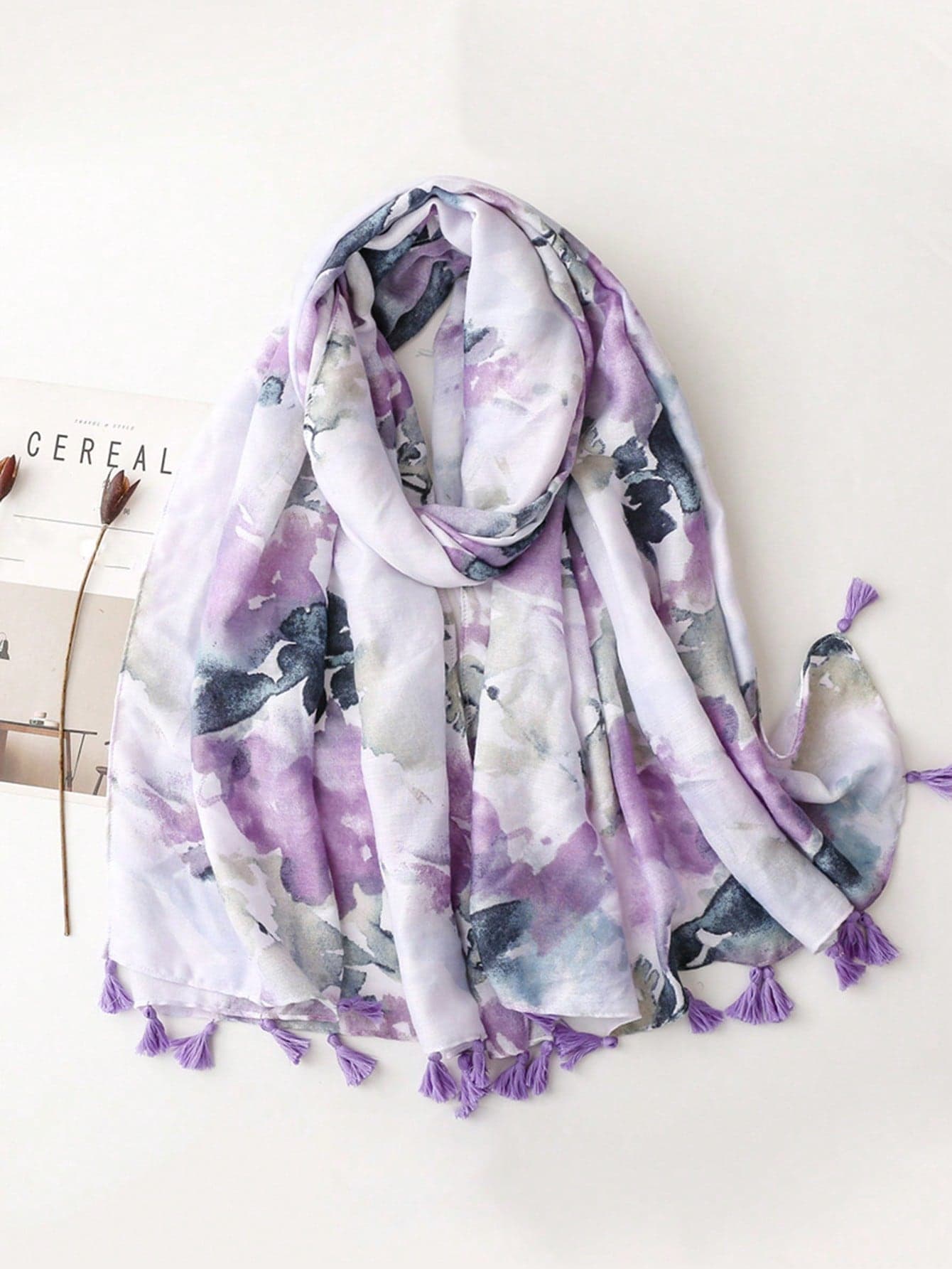 1pc Women Mysterious Print Tassel Long Scarf Retro Boho Beach Accessories Watercolor Painting Style Shawl, Multi-Use Head Scarf