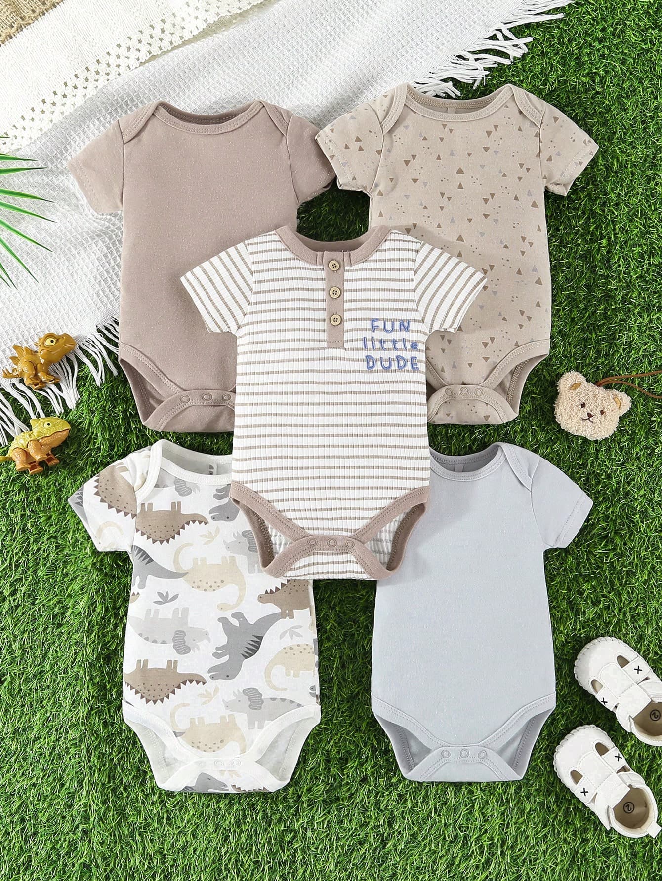 5pcs Baby Boys' Short Sleeve Cotton Cute Cartoon Rompers, Spring/Summer