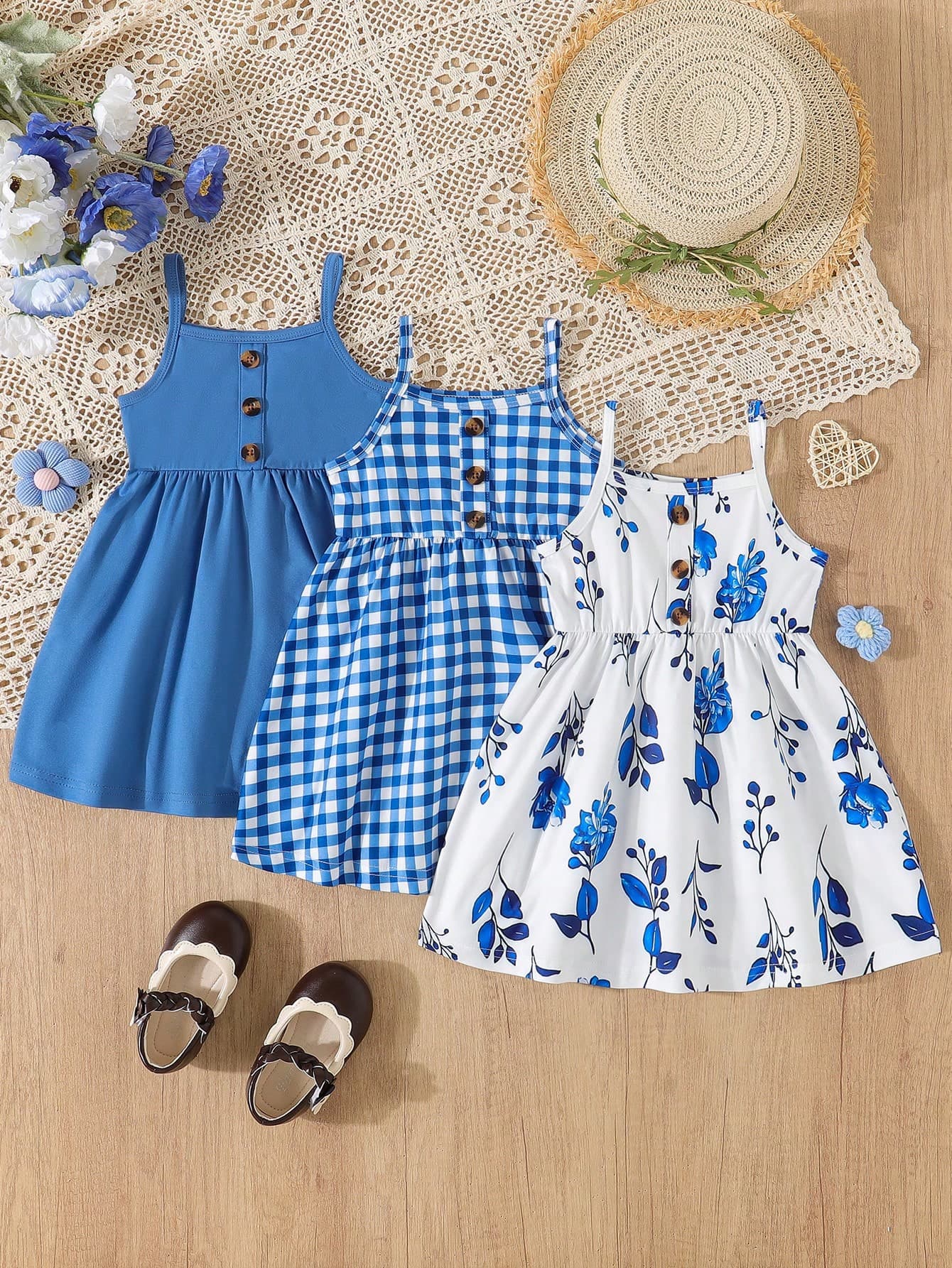 3pcs/Set Baby Girl Floral Print Camisole Dress + Solid Color Button Camisole Dress + Plaid Print Button Patchwork Camisole Dress