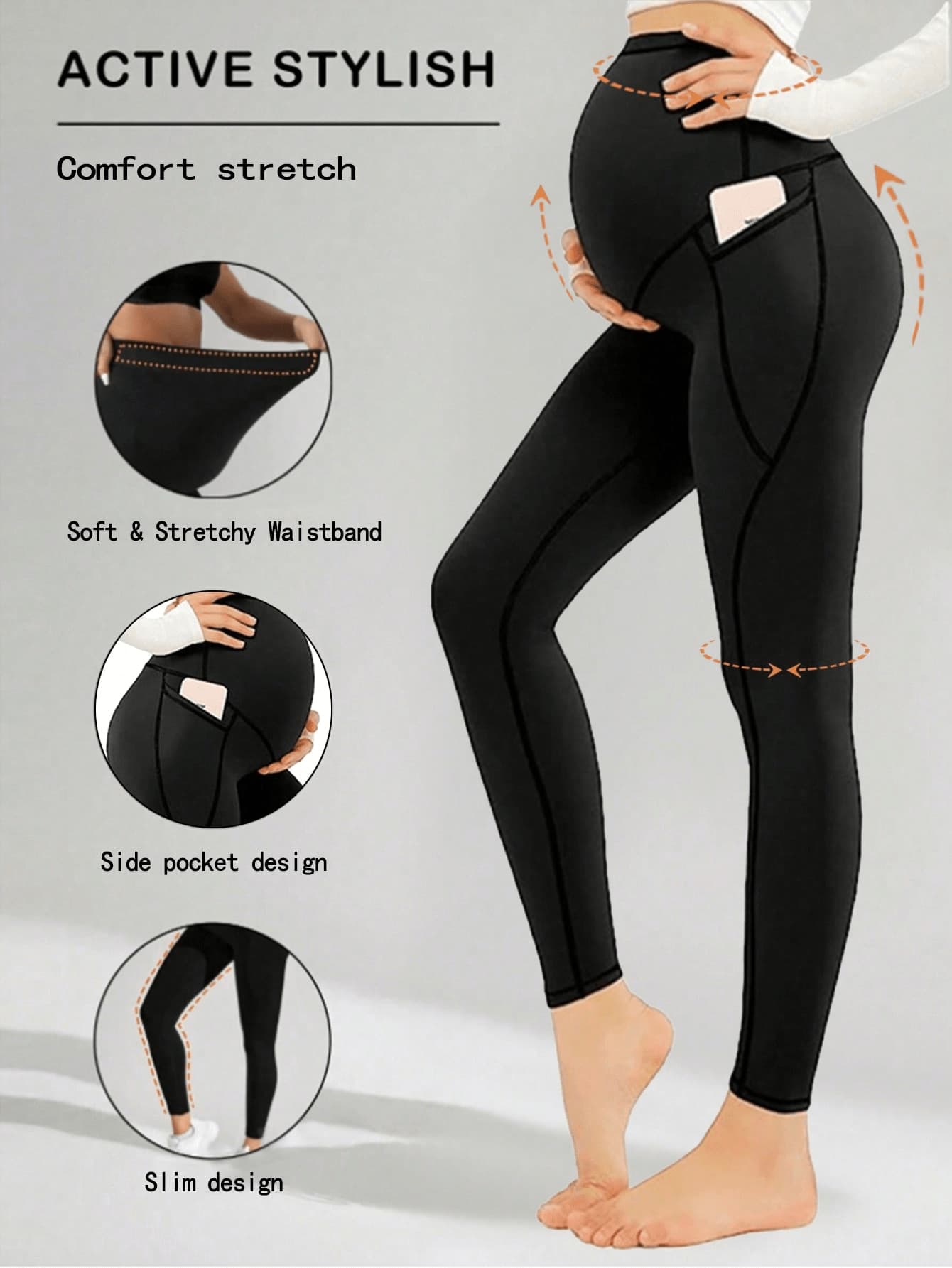 Women's Maternity Leggings, High Elasticity, Naked Feel, Abdomen-Hugging, With Pockets, Non-See-Through Maternity Yoga Pants Black