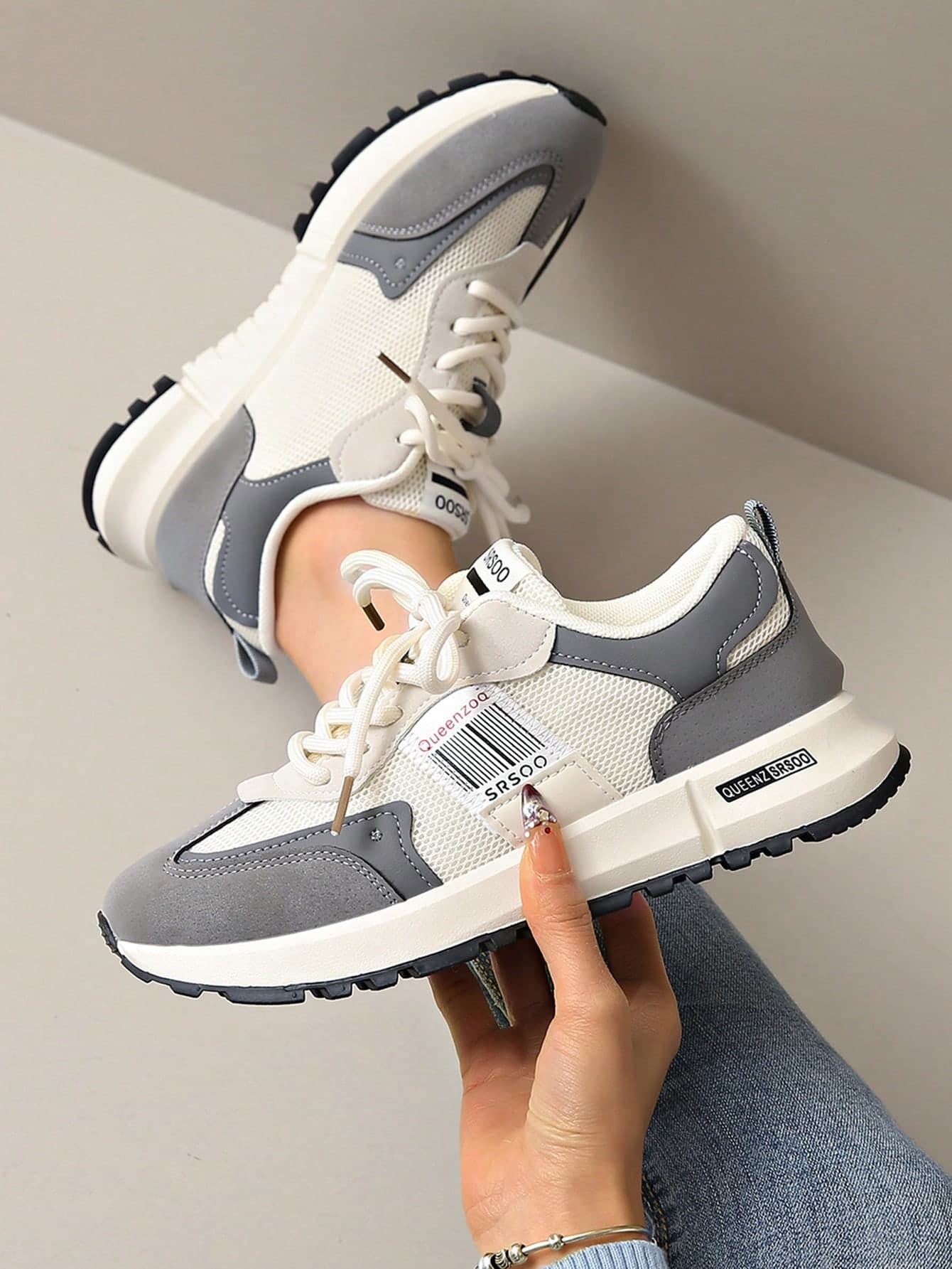 New Thick Sole Sneakers, Gray, Brown, Beige, Versatile Fashion Mesh Chunky Chunky Sneakers, Suitable For Outdoor, Round Toe, Lace-Up, Flat, Casual Shoes