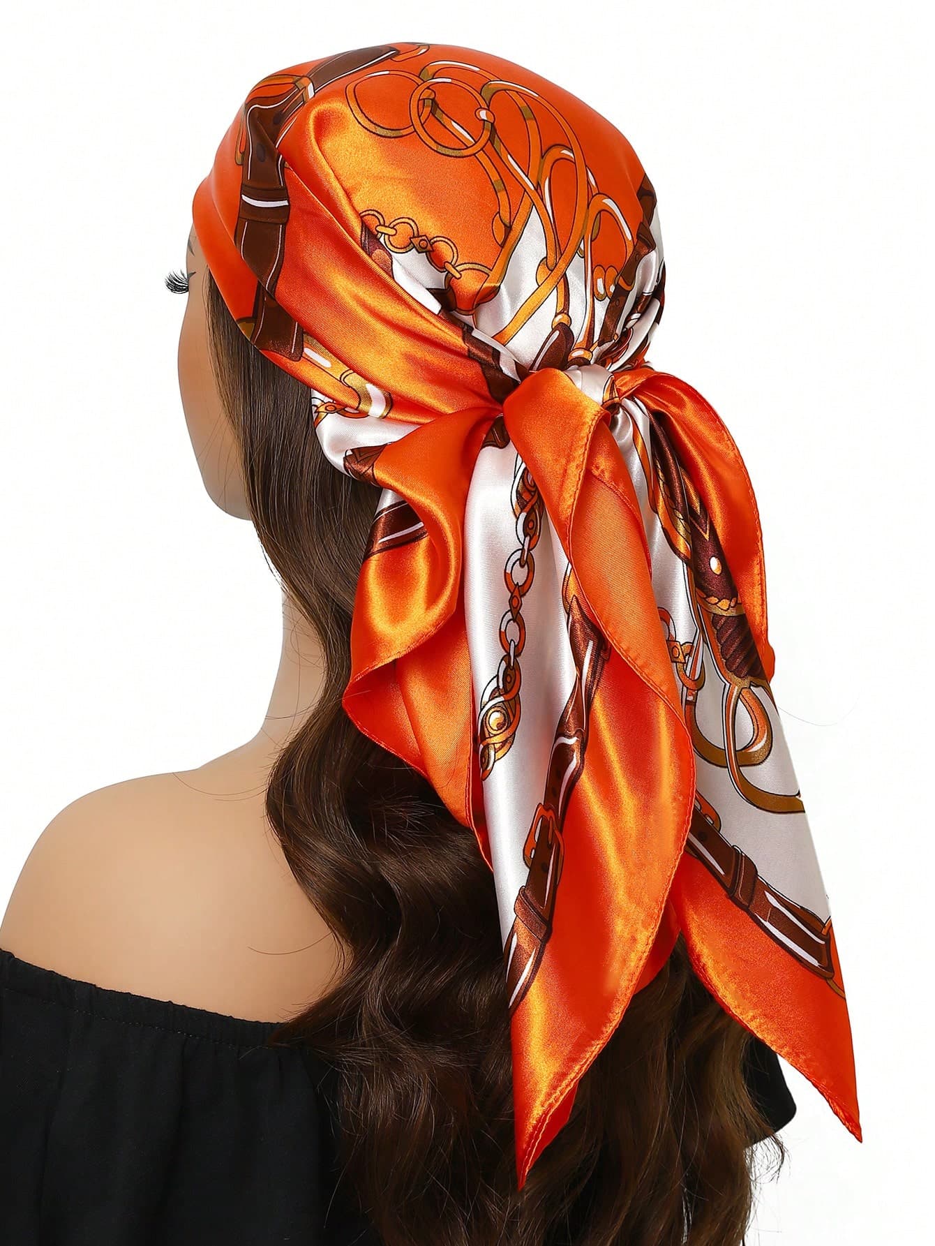 1pc Bohemian Style Fashion Chain Print Satin Scarf For Women, Elegant Daily Casual Headscarf Shawl For Sun Protection For Dress