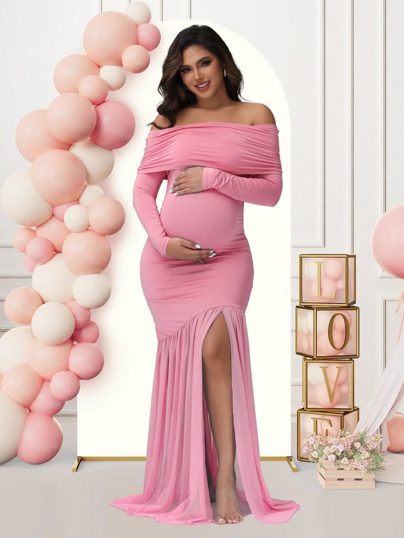 JustVH Maternity Open Shoulder Long Sleeve Dress, Solid Color Mesh Patchwork Slit Hem Gown, Suitable For Baby Shower Party Photo Shoot Pink Spring