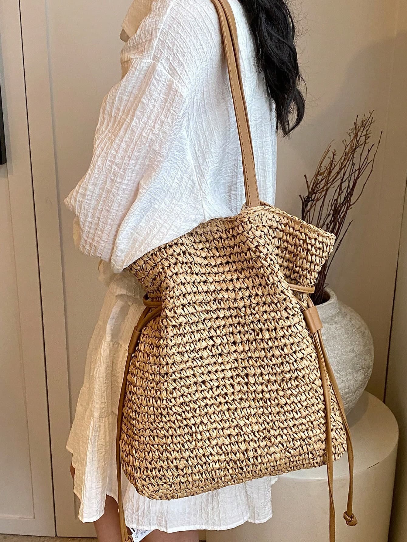 Fashionable Casual Versatile Solid Color Beach Vacation Travel Shopping Straw Large Capacity Shoulder Tote Bag,