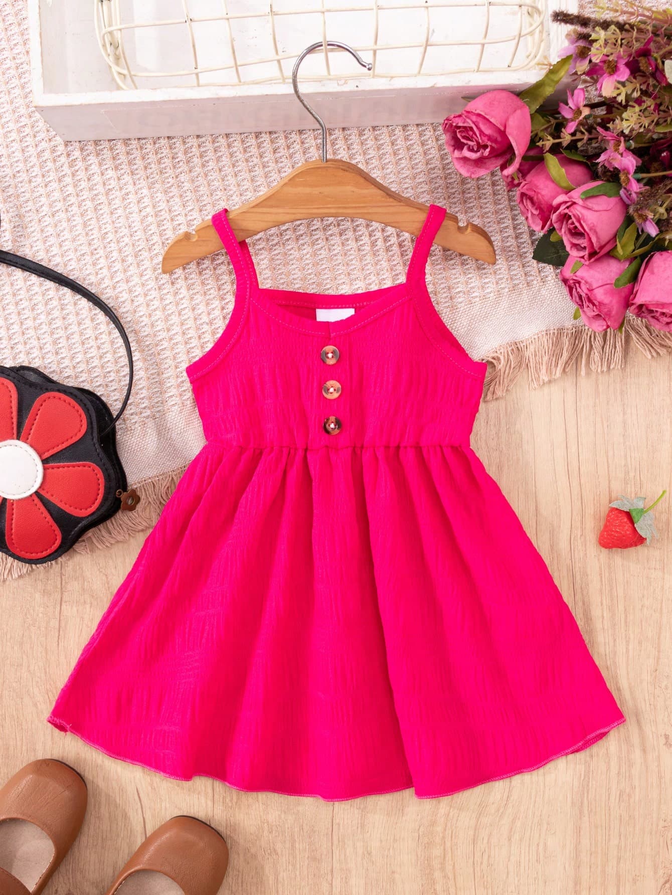 1pc Girls Casual Cute Solid Color Button Decor Suspender Dress For Holiday Party Gifts, Summer