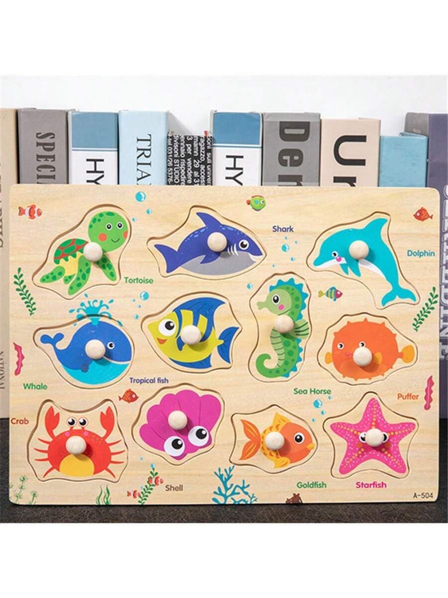 Montessori Baby Toys Wooden Peg Puzzles Hand Grab Boards Toys Tangram Jigsaw Cartoon Animals Fruits 3D Puzzles Educational Toys