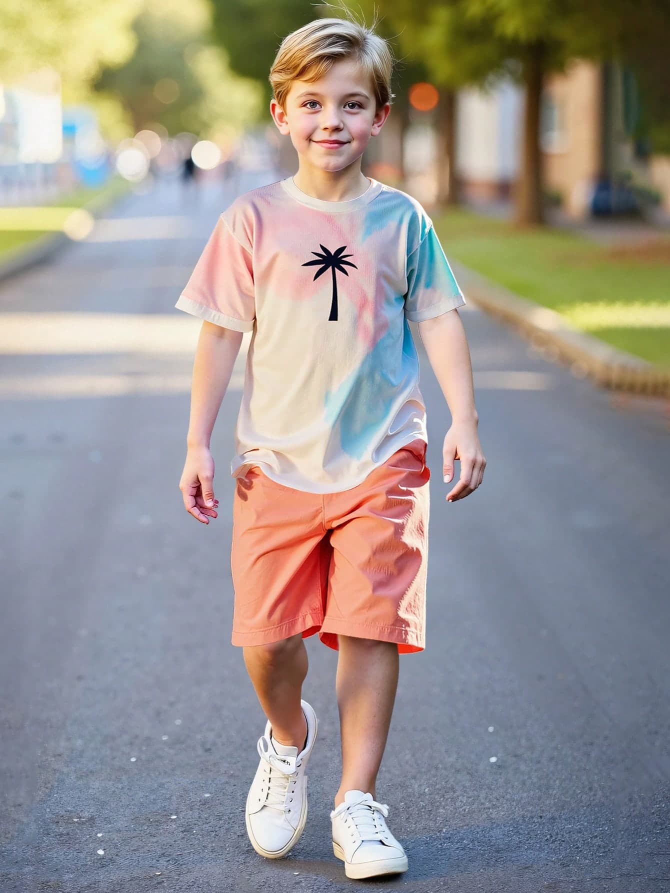 Toddler/Tween BoysSummer Tie-Dye Coconut Tree Print Short Sleeve T-Shirt And Solid Color Casual Shorts 2-Piece Outfit