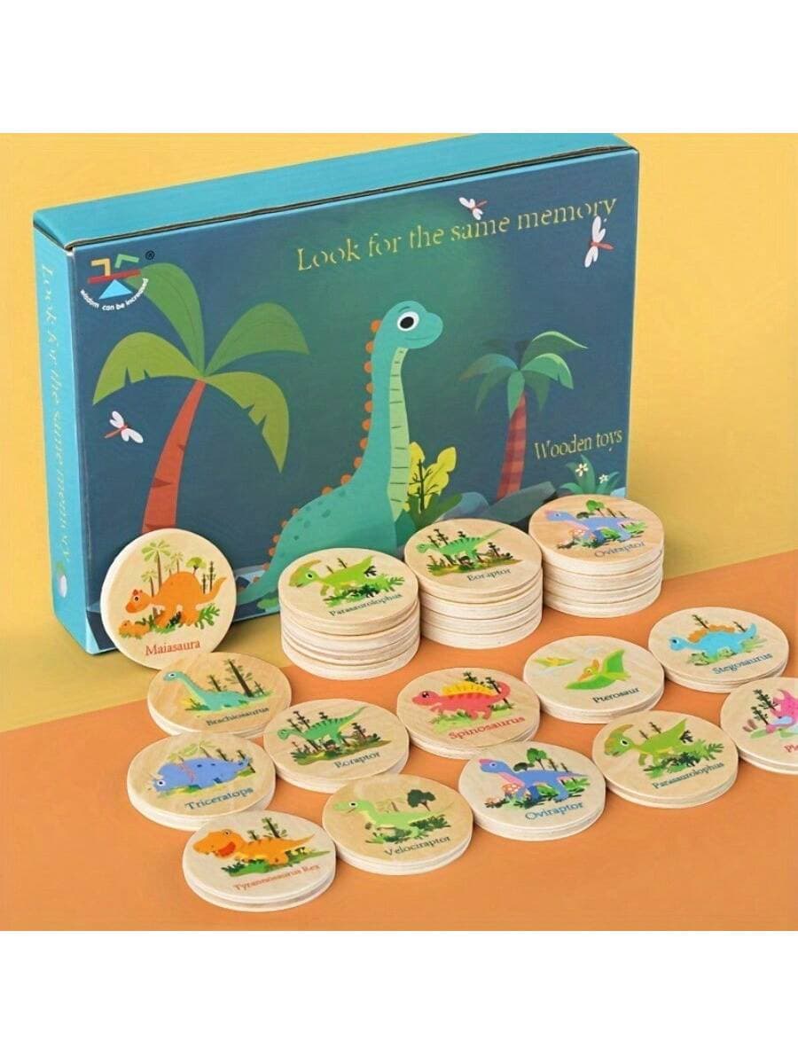 Wooden Dinosaur Memory Matching Game - Educational Animal Themed Matching Board Game With Wooden Coins, Developmental Toy Set For Children 3 Years And Up, Ideal Birthday Or Christmas Gift