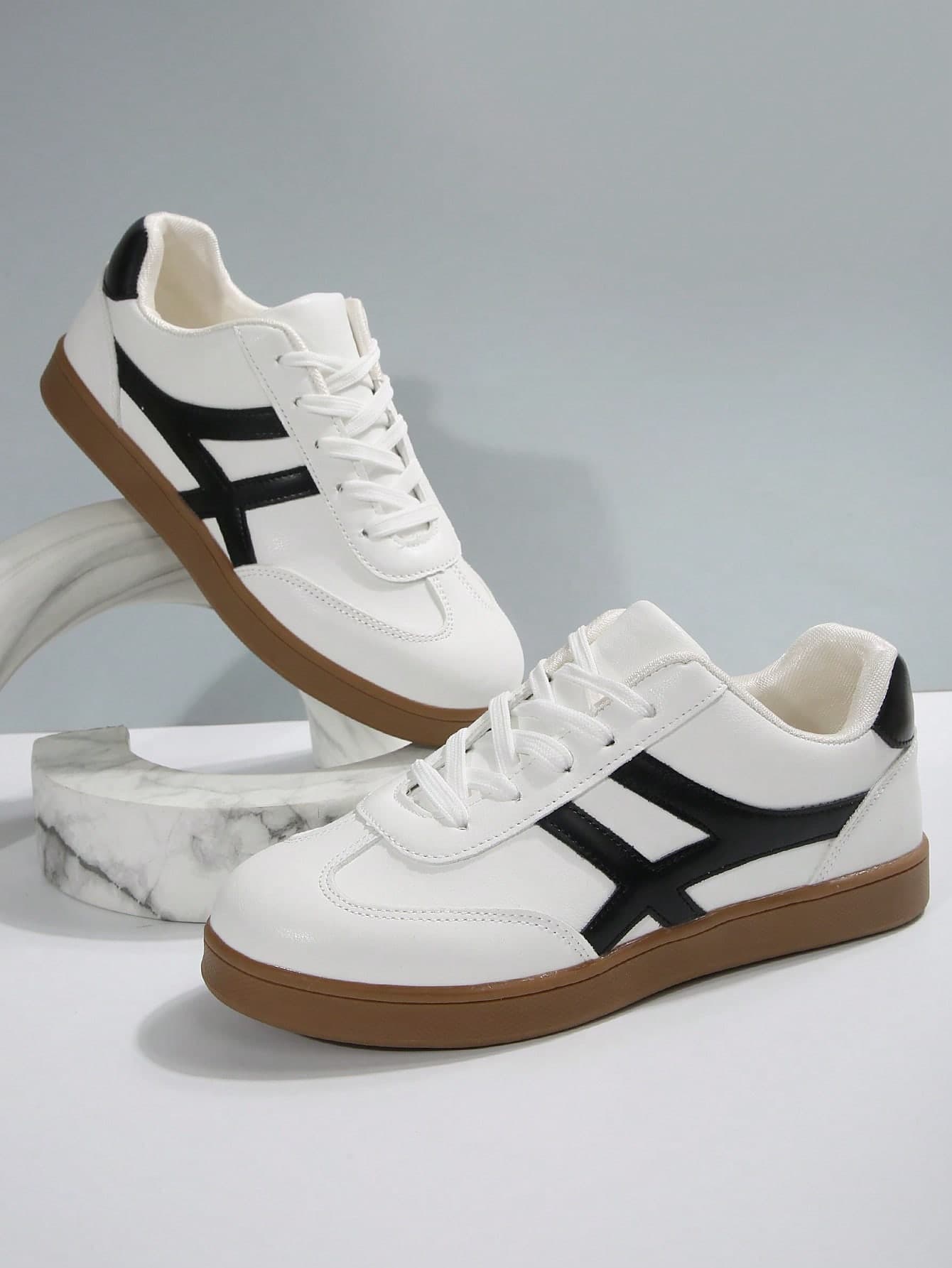 Women's Fashion New Spring/Autumn Round Toe Outdoor Casual Sports Shoes, Geometric Patchwork Striped Pink PU Faux Leather Upper Dexun Shoes, Comfortable Soft Casual Sneakers Skate Shoes White Shoes
