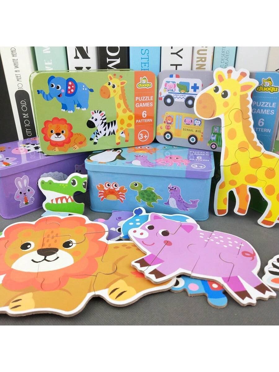 Montessori Educational Wooden 3D Puzzle Game In Metal Tin Box, Children Jigsaw Puzzle