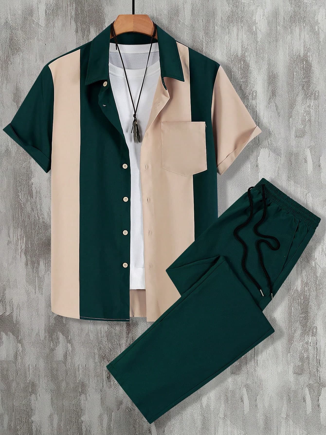 Spring/Autumn Light Mature Style Colorblock Patchwork Vertical Stripe Short Sleeve Single-Breasted Fitted Shirt With Elastic Drawstring Loose Extended Long Pants Solid Color 2-Piece Set, Casual Commute Outfit, Men's Design-Driven Fresh Elegant Ensemble