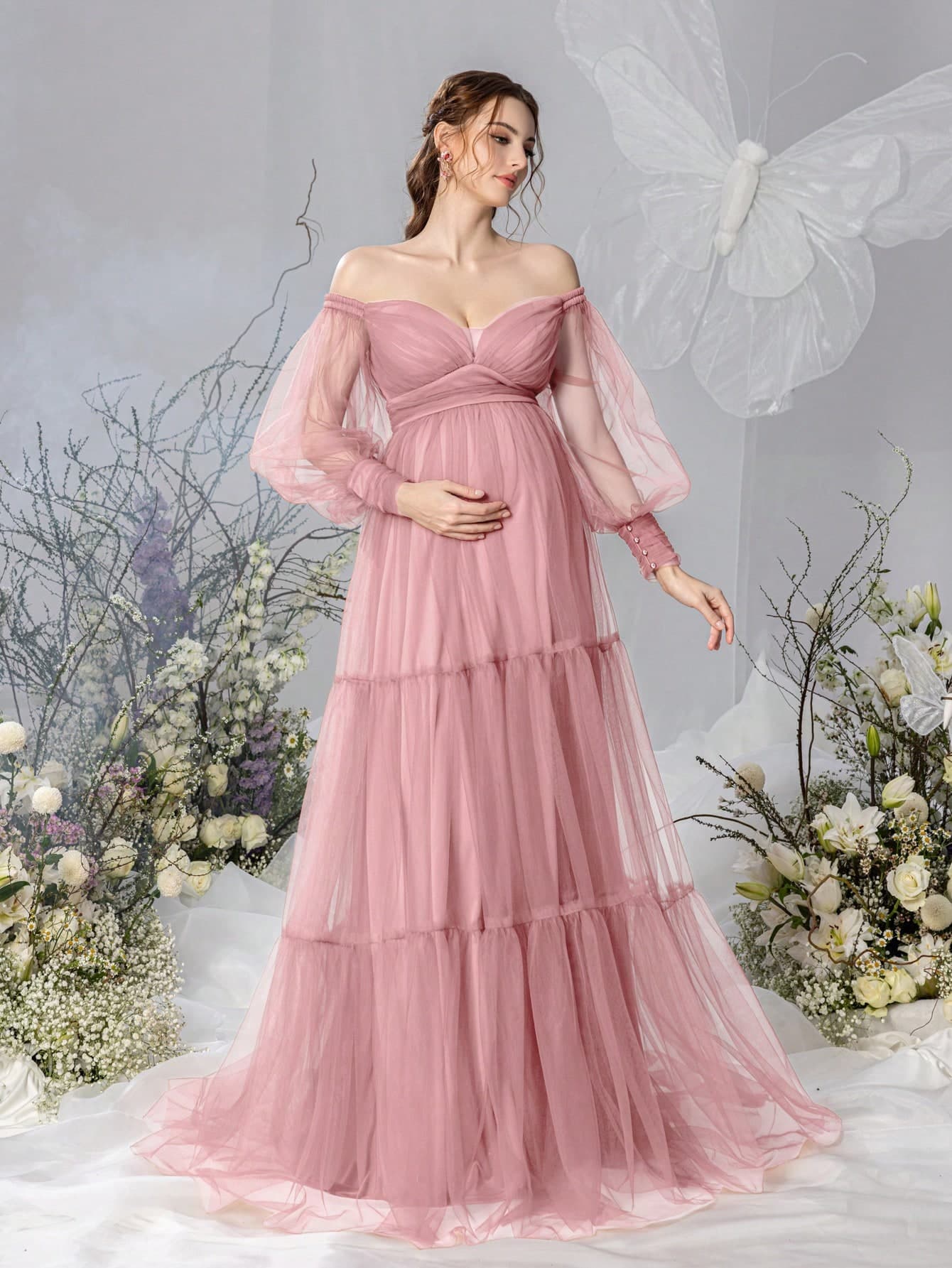 Faeriesty Elegant Off-Shoulder Maternity Gown With Lantern Sleeves & Flowing Tulle A-Line Skirt For Bridal Showers, Formal Dinners, Weddings Pink