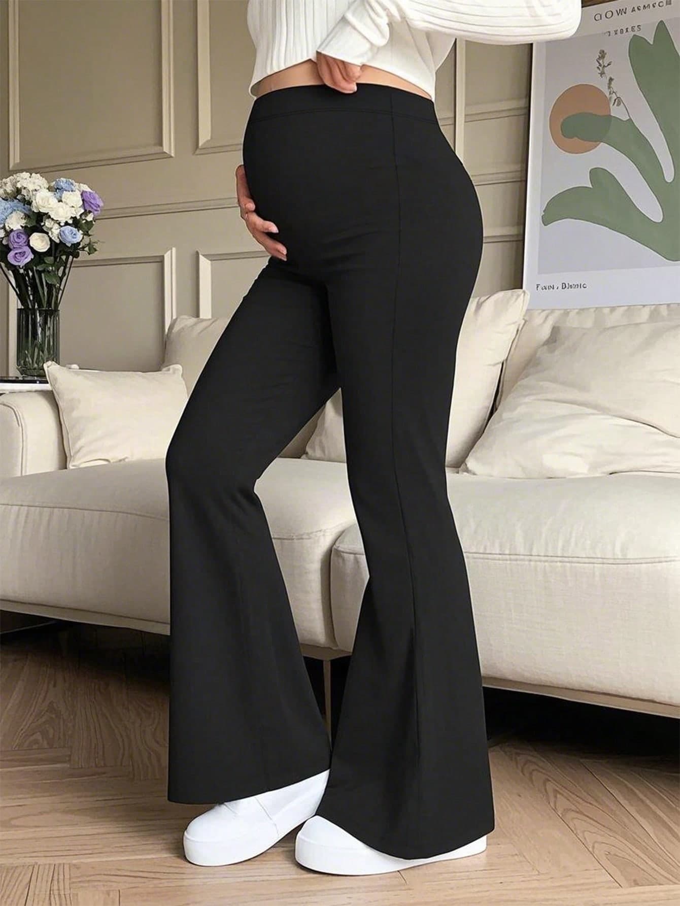 Women's Solid Color High Waist Elastic Casual Flare Pants, Maternity Pants Black Spring
