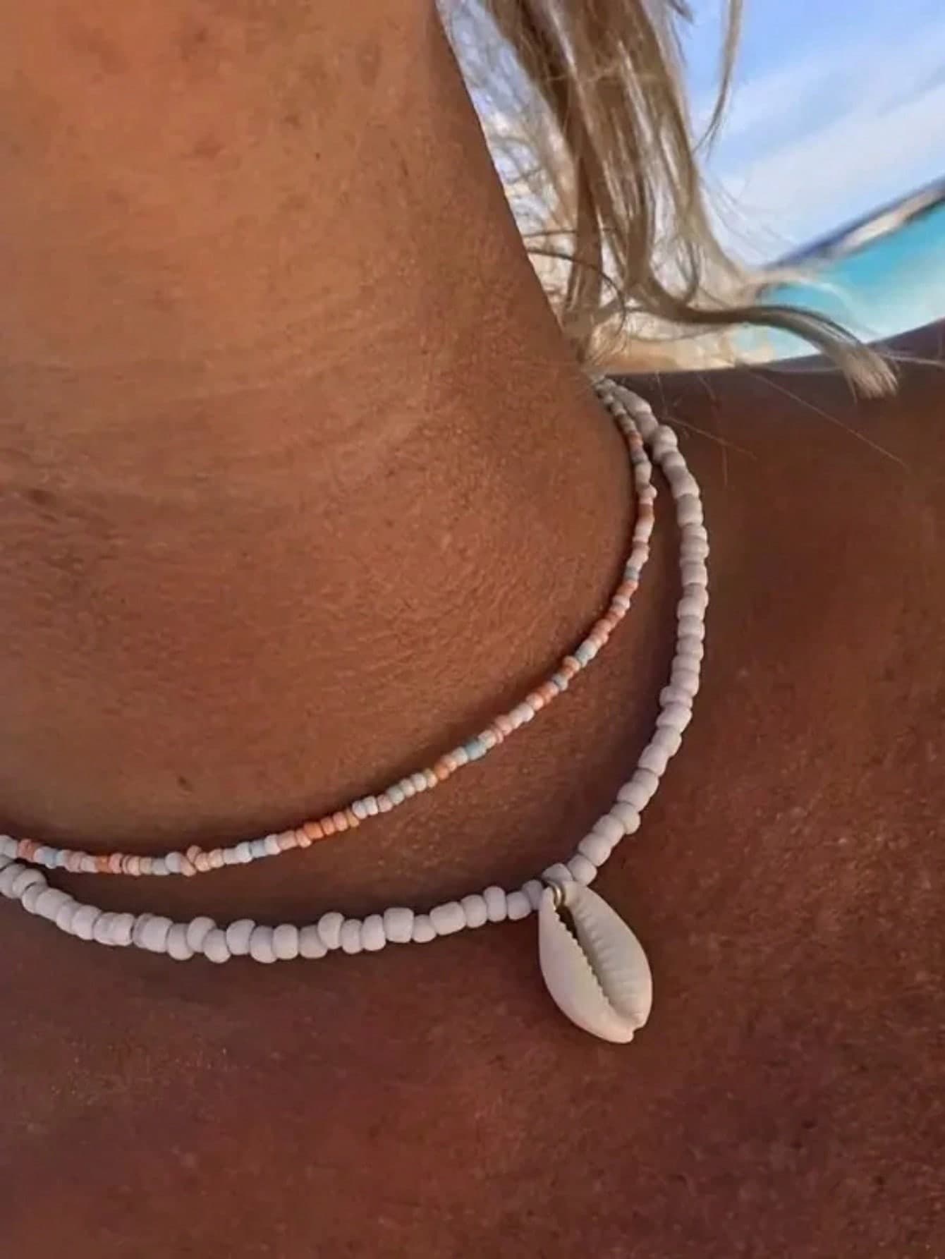 2pcs Bohemian Millefiori Bead & Shell Pendant Necklace, Beach Style Clavicle Chain For Women. Suitable As Festival Or Birthday Gift For Wife Or Girlfriend