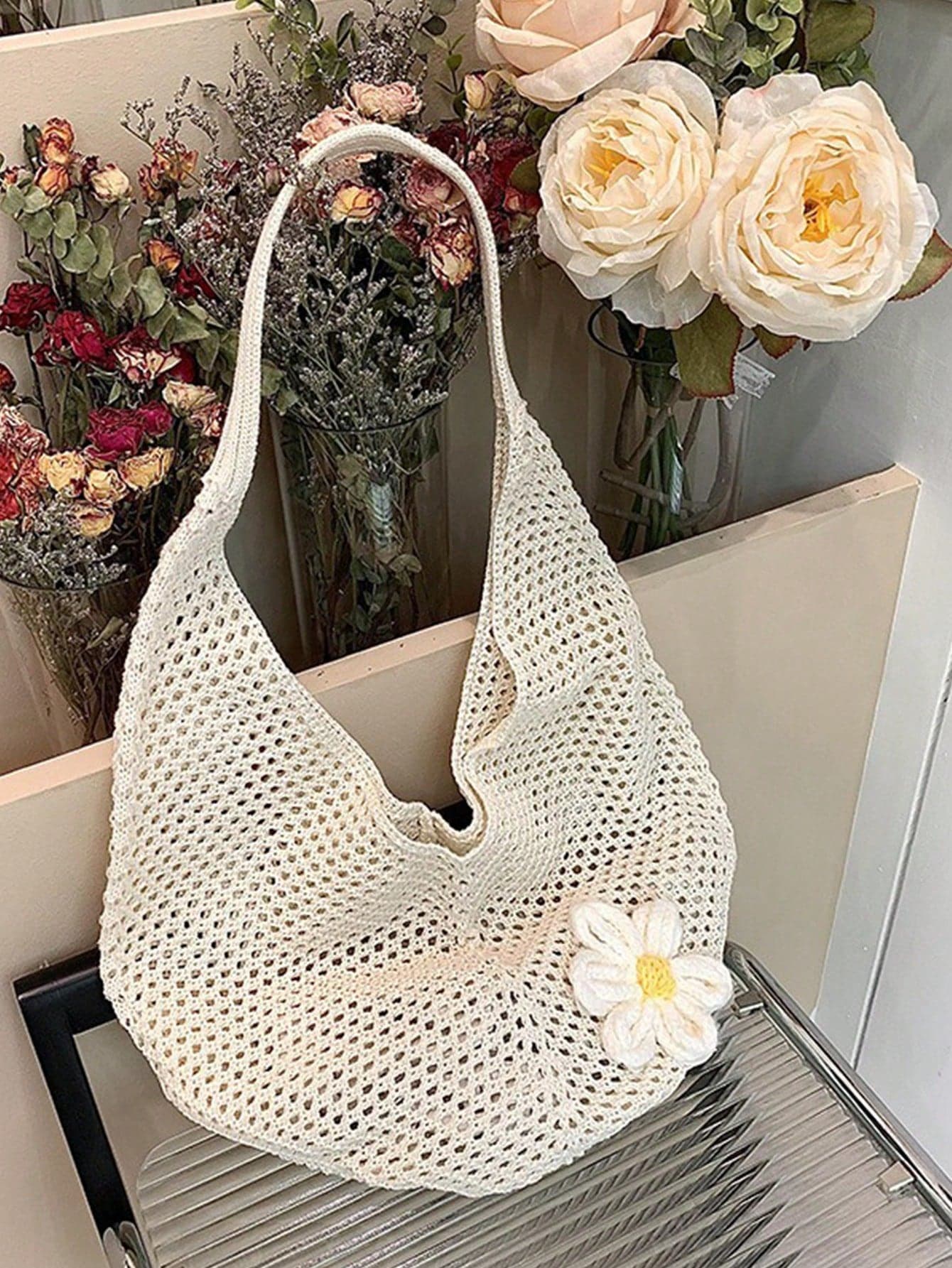 Yogodlns Hollow Out Weave Bag Bohemian Style Beach Handbag Tote Bag Large Capacity Slouchy Style Beach Bag Shopping Women Casual Beach Bag Crochet Flower