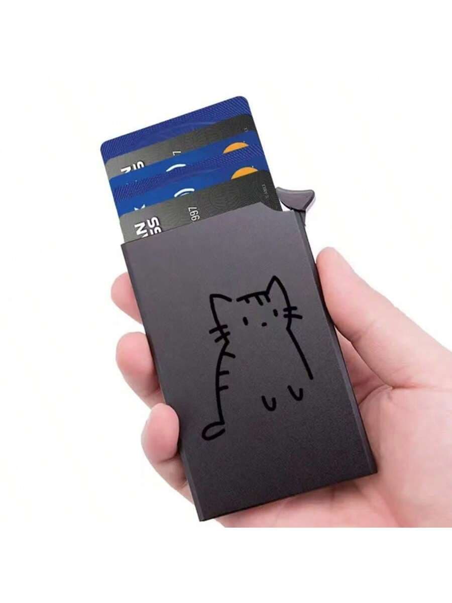 Slim RFID-Blocking Aluminum Wallet For Men & Women - Black With Cute Cat Design Pop-Up Card Holder Anti-Theft Protection Ideal For Business Credit Cards Small Wallet For Women Wallet Mini Wallet Purse Wallet Card Wallet