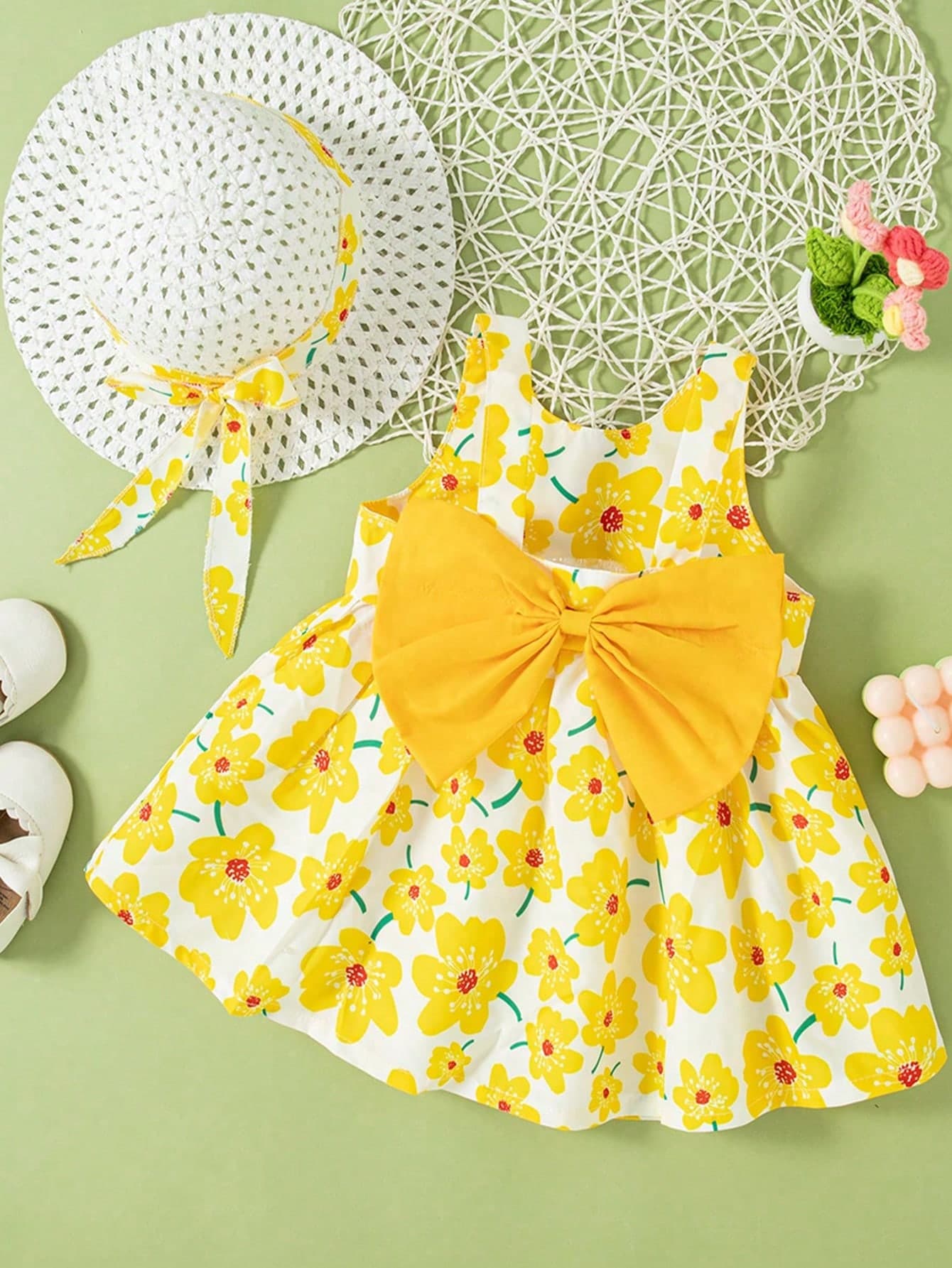 2pcs/Set Baby Girls Summer Sleeveless Dress & Hat, Floral Print Bowknot Decor Sweet Princess Dress