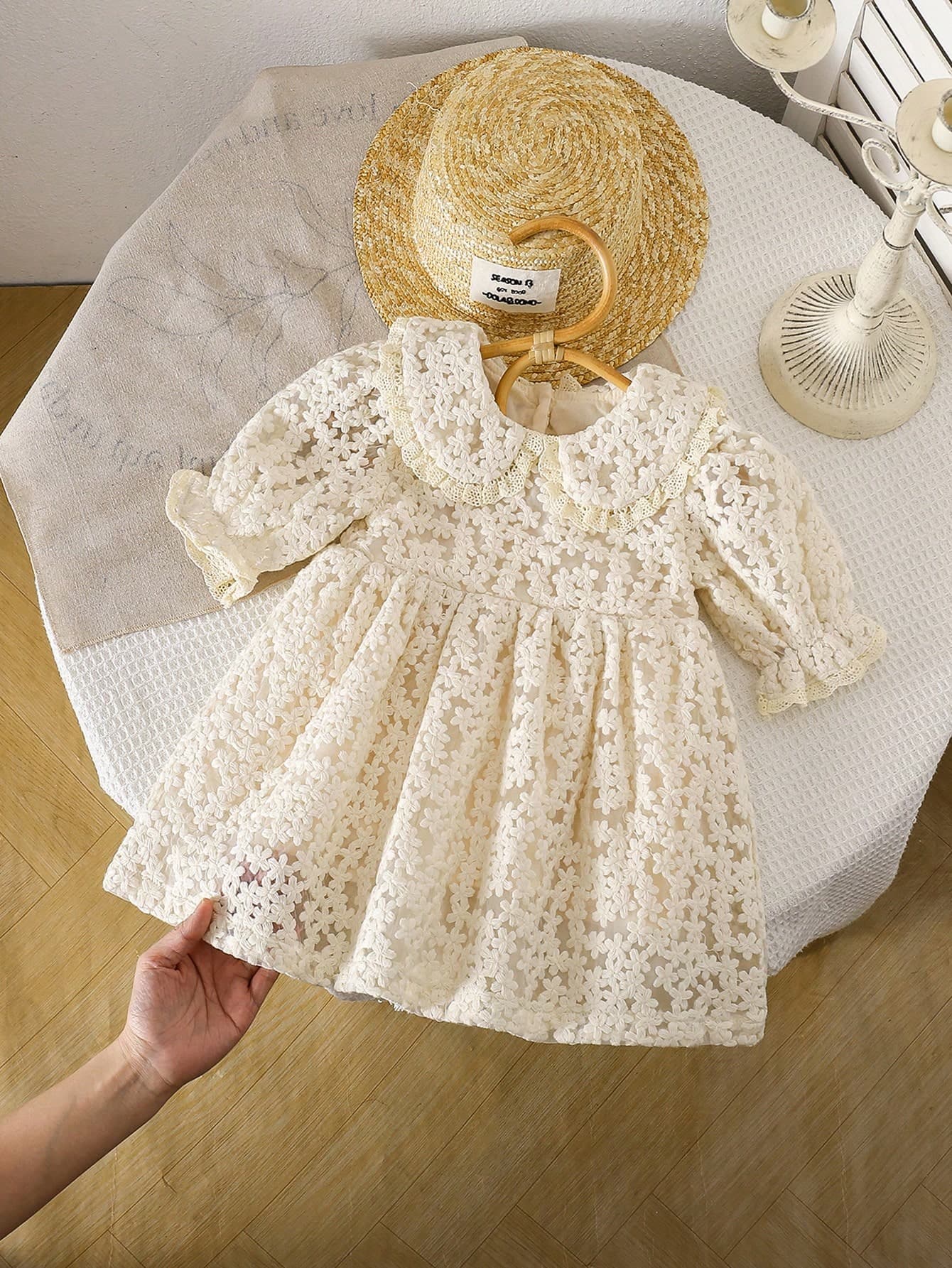 1pc Girls Embroidered Mesh Ruffle Collar Dress, Elegant Formal Short Sleeve Frock For Toddler & Little Girls, Suitable For Party, Birthday, Wedding