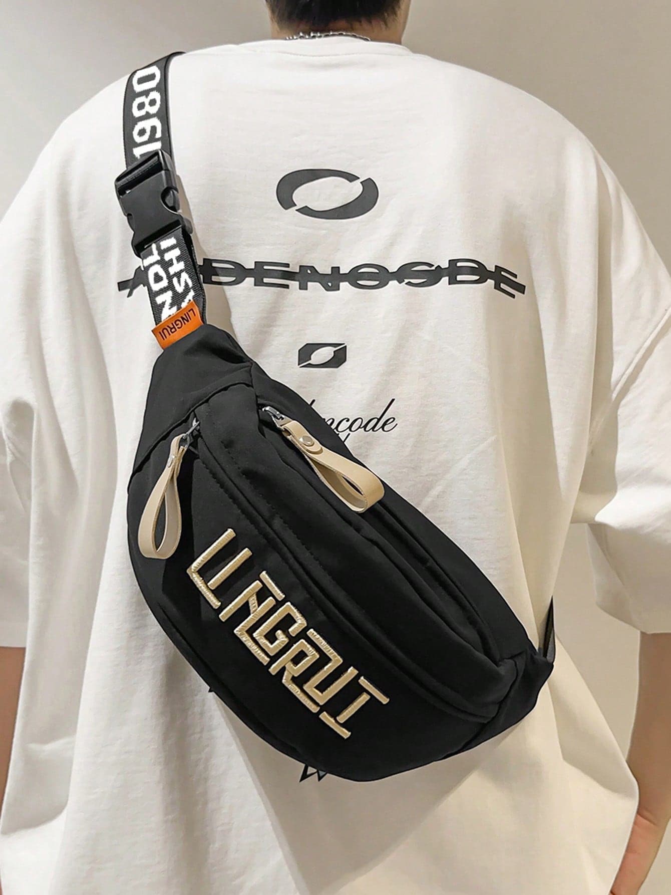 1pc Peach Tree Minimalist Solid Color Letter Print Adjustable Strap Zipper Closure Crossbody Chest Bag For Men, Casual Versatile Daily, Work, Sports, Travel, Lightweight Waterproof Nylon Multi-Compartment Waist Bag Belts Small Bag For Men Body Bag For Men Belt Bag For Men Pouch Waterproof Backpack Phone Bag, Thigh Bag, Camping, Easter, Camping, Hiking Bag