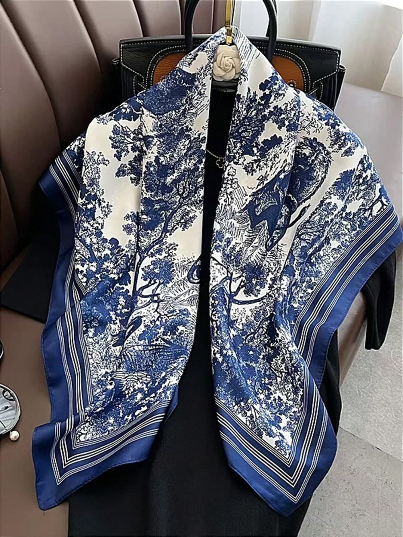 90cm Blue Twill Large Square Scarf, Women Silk Neck Scarf, Sunscreen Shawl Scarves, Spring/Summer