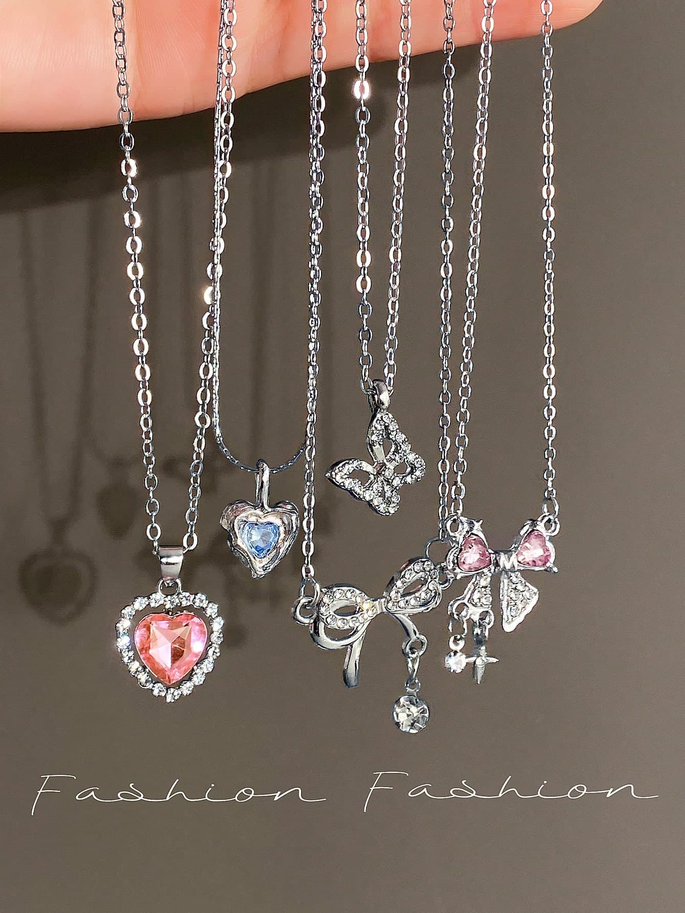 5-8pcs/Set Y2K Style Crystal Heart, Butterfly, Tulip, Bow Pendant Necklace Set, Shiny Jewelry Gift For Women, Valentine's Day Party