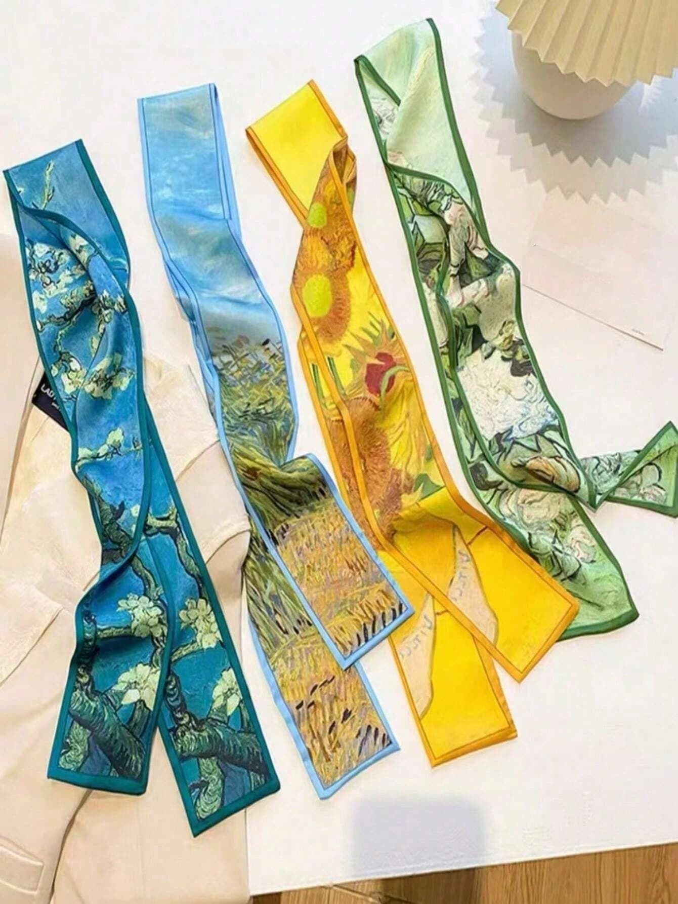 4pcs Vintage Oil Painting Print Headband Set - Women Silk Scarf And Headband | Bohemian,Party,Wedding,Hair Accessories