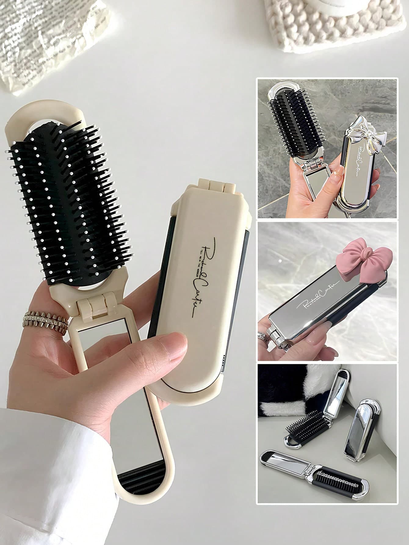 1pc Foldable Silver-Plated Hair Brush With Mirror, Portable Compact Air Cushion Brush, Women's Mini Foldable Air Cushion Brush With Mirror, Holiday Travel Essential, Travel Bag Accessory, Holiday Must-Have, Summer Travel Companion