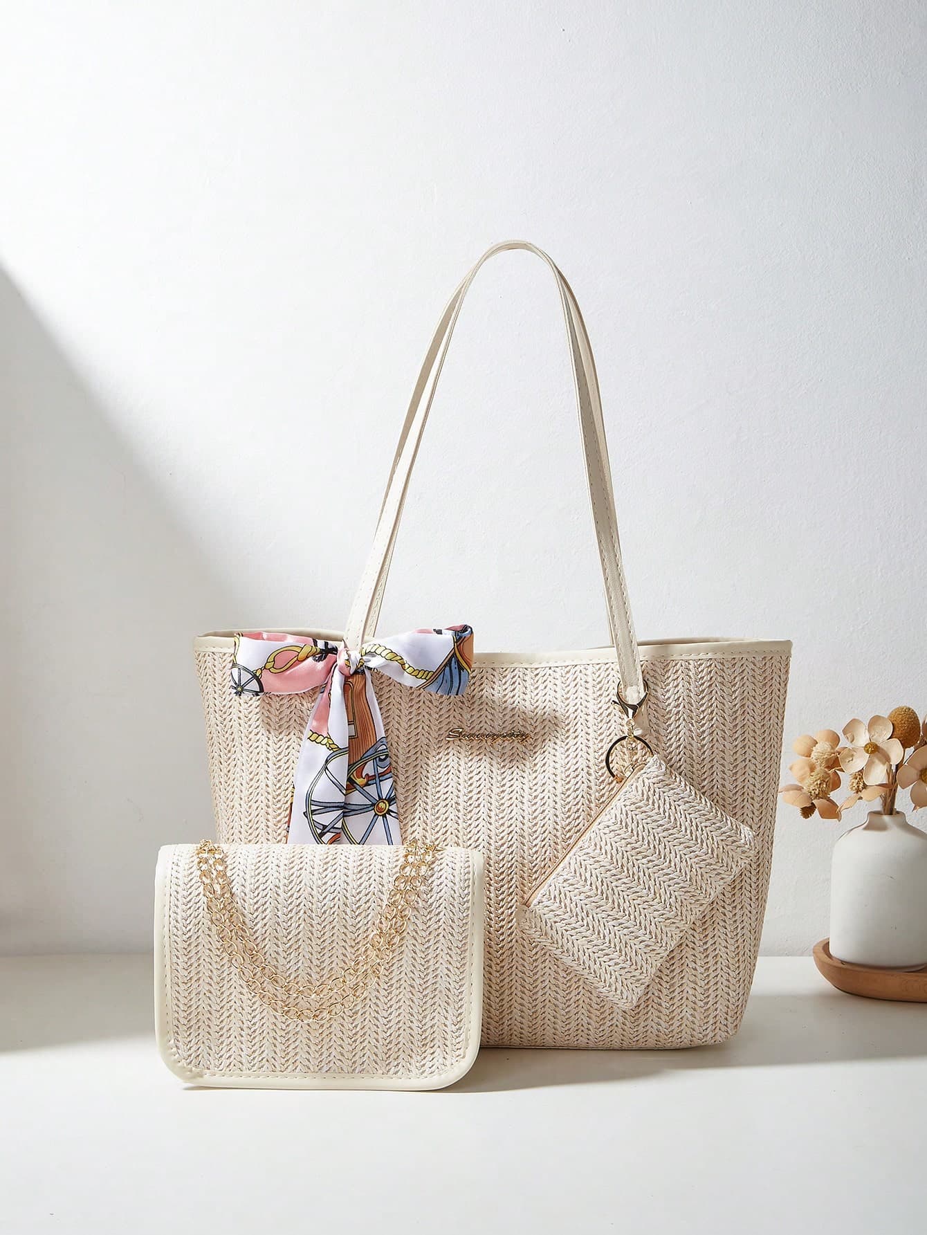 3-Piece Women Sling Scarf, Tote Bag, Chain Shoulder Bag, Coin Purse Set, Straw Woven Handbag, Woven Bag