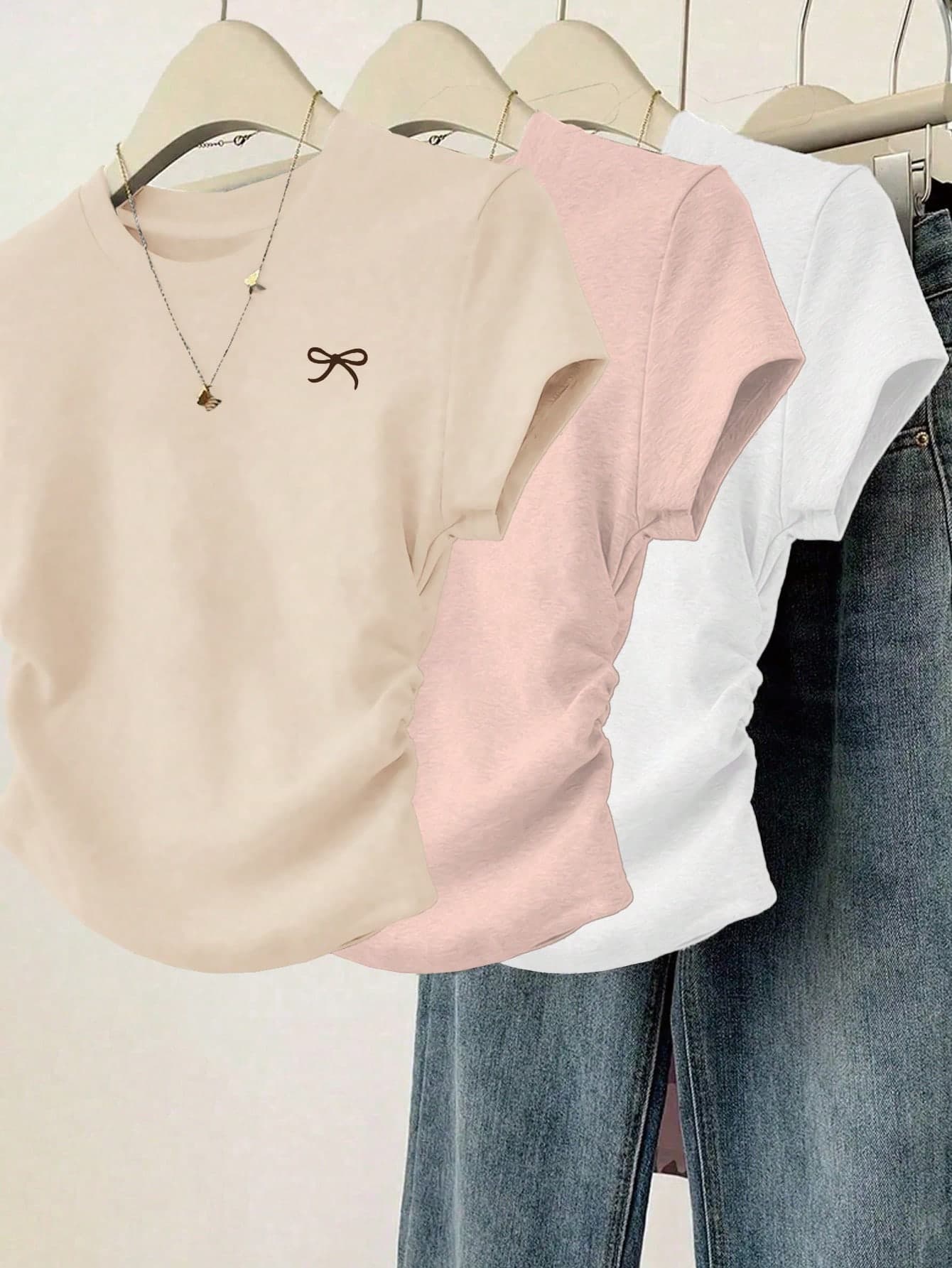 3pcs/Set Women Casual Slim Fit Solid Color Ruched Detail With Bow Print Simple T-Shirt, Round Neck Short Sleeve Summer