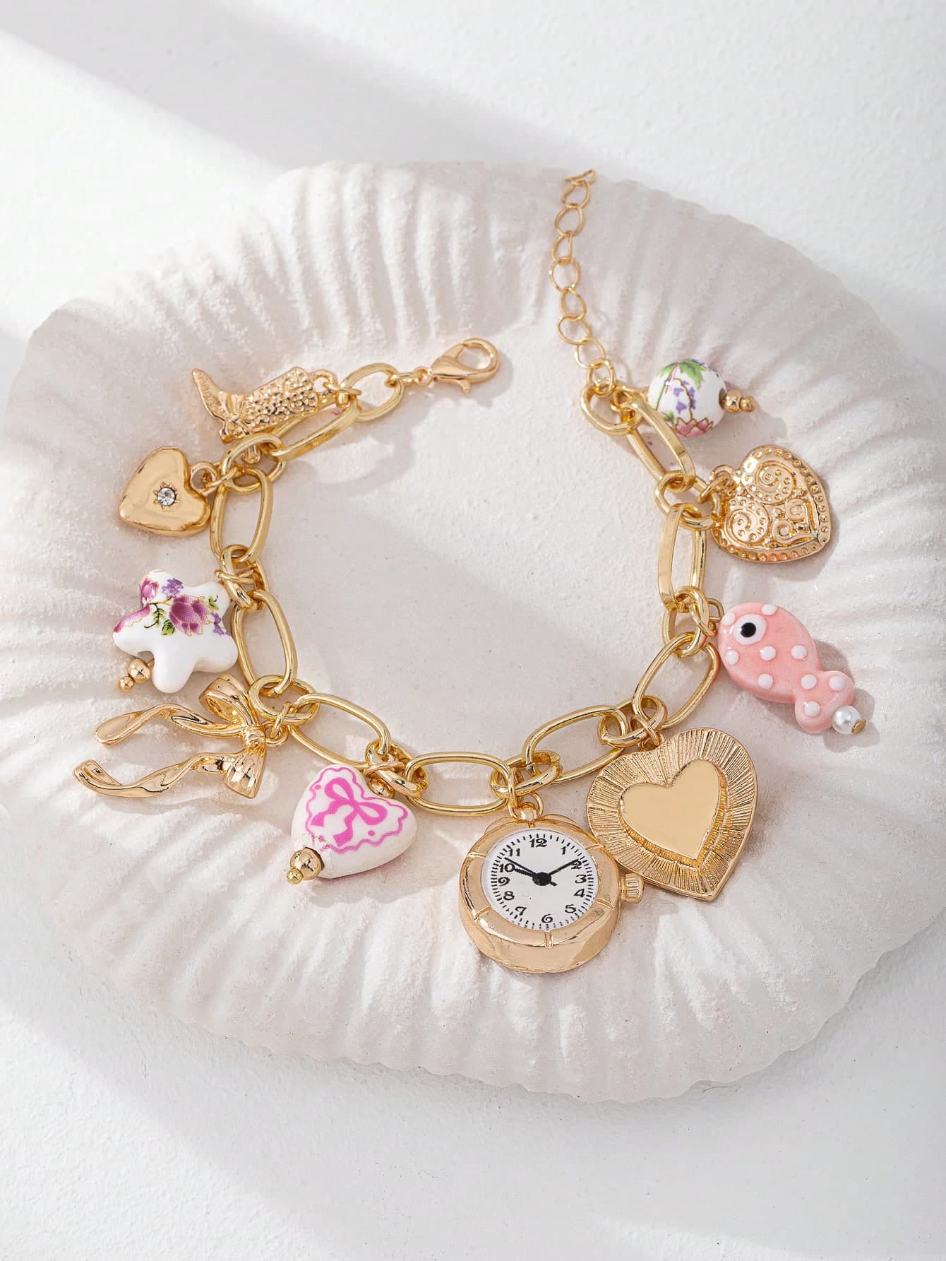 1 Pc Ceramic Starfish, Heart, Bow Charm Bracelet, Faux Clock Watch Charm Bracelet, Chain Link Bracelet With Multiple Charms, Boho Summer Jewelry (Handmade Accessories, Colors And Shapes May Vary Randomly)