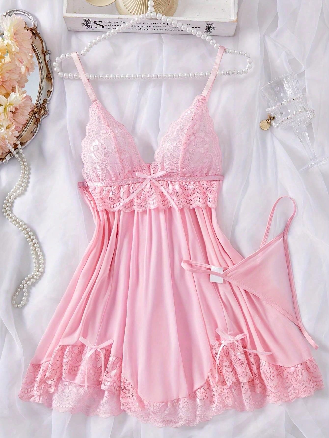 2pcs Plus Size Women's Sexy Solid Contrast Lace Nightgown Dresses, V-Neck Open Back Asymmetric Hem Suspender Dress And Thong, Comfortable Nightgown