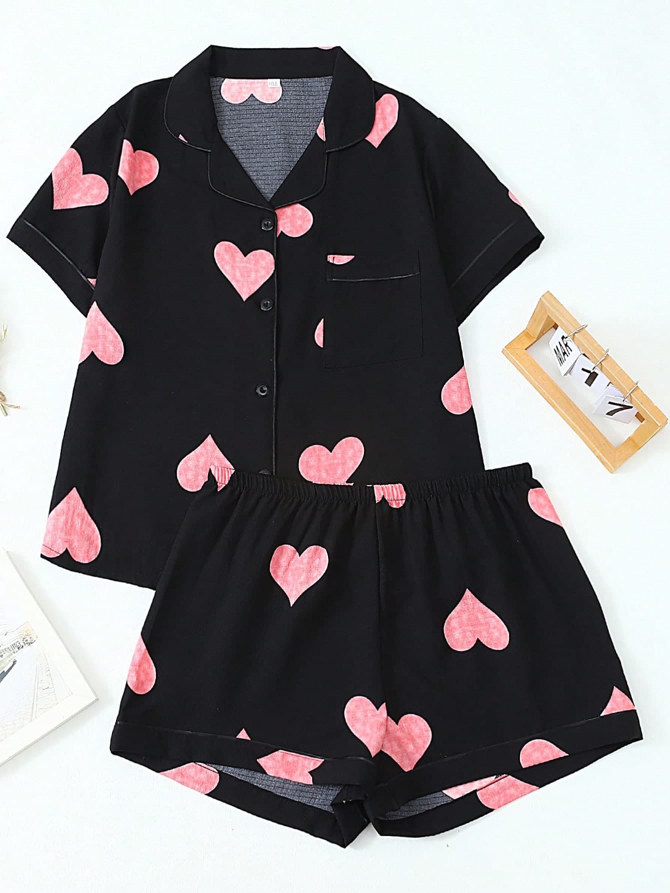 Plus Size Women's Pajama Set, Black Base With Pink Heart Print, Ruffled, Button-Front Loungewear