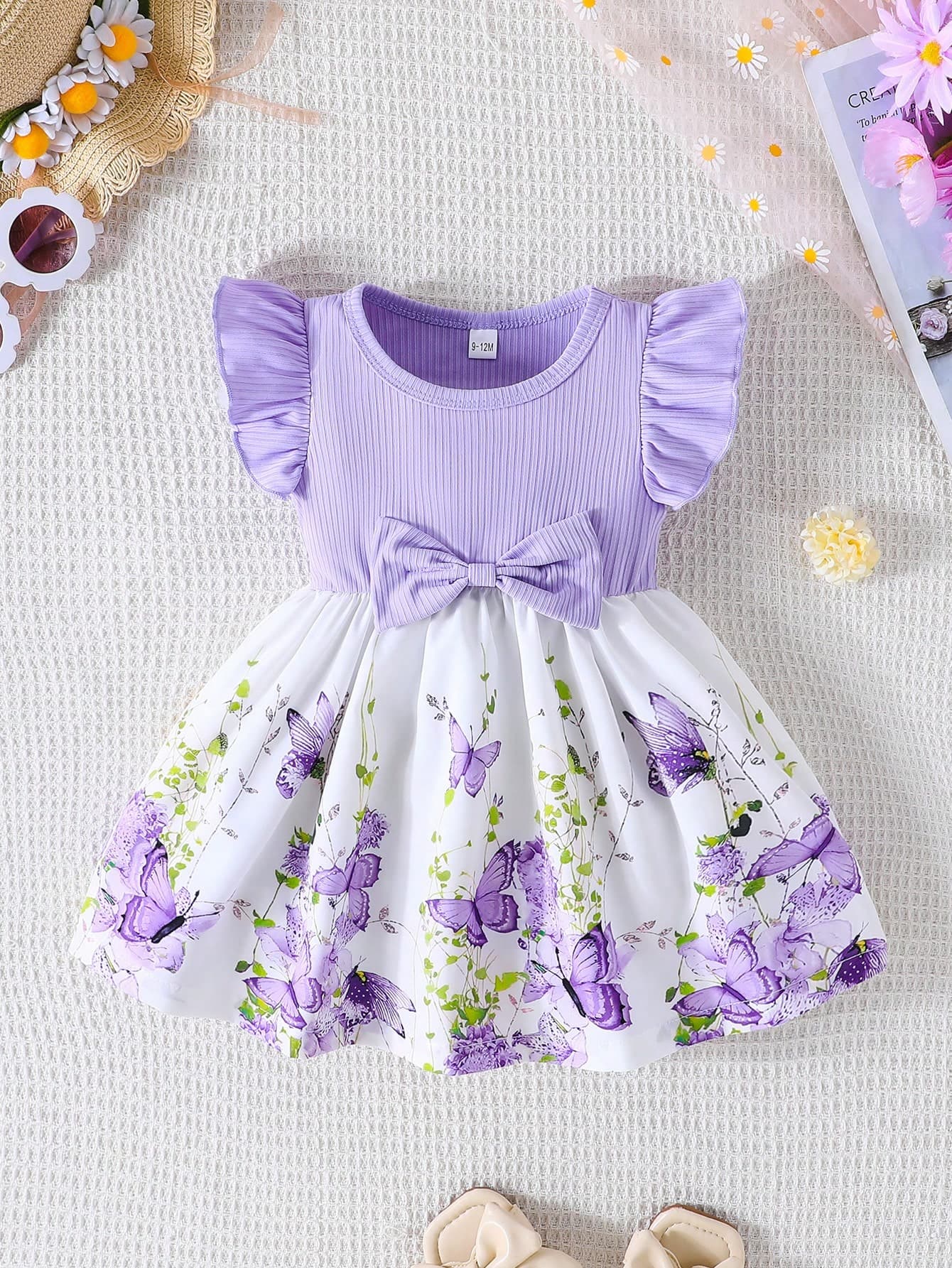 Baby Girls' Summer Cap Sleeve Printed Patchwork Dress, Toddler Casual Bow Tie Vacation Versatile Dress