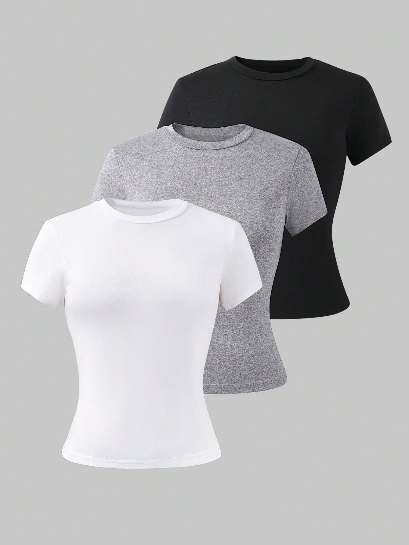 SHEIN 3pcs/Set Teen Girls Solid Color Crew Neck Short Sleeve T-Shirt, Suitable For Summer