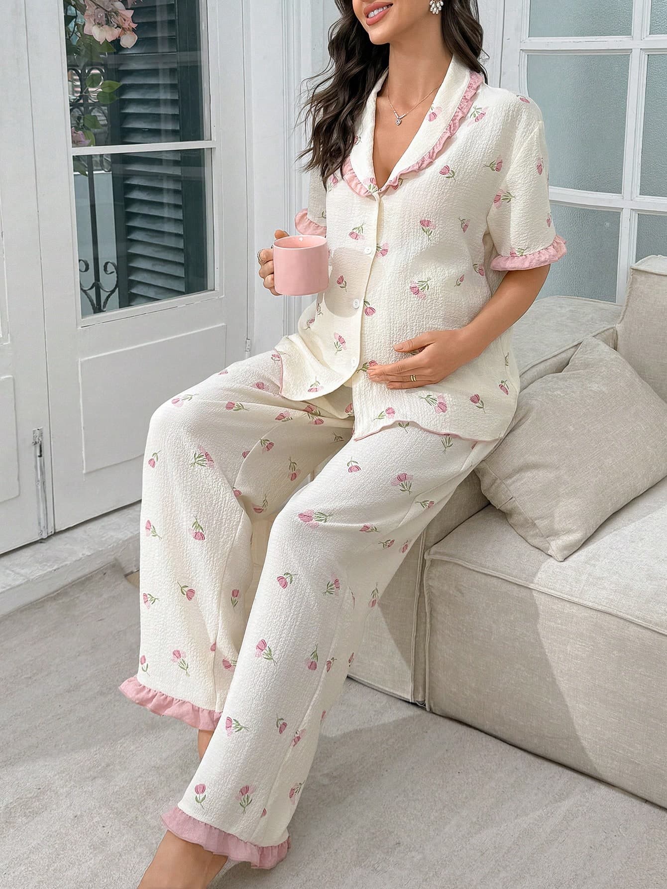 Moonlight&Mama Maternity Ditsy Floral Romantic Frill Trim Open Front Pajama Set