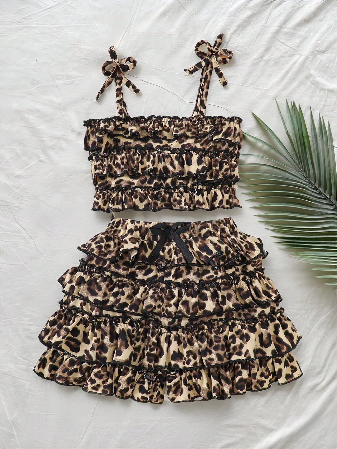SHEIN Genkimix Kids 2pcs/Set Young Girl Casual Leopard Print Ruffle Cami Top And Skirt Set