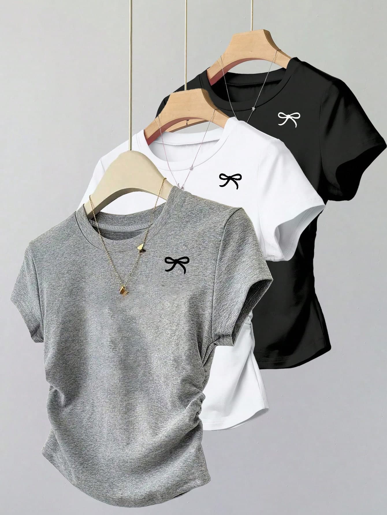 INAWLY 3pcs Women Versatile & Fashionable Bow Print Short Sleeve T-Shirt Set
