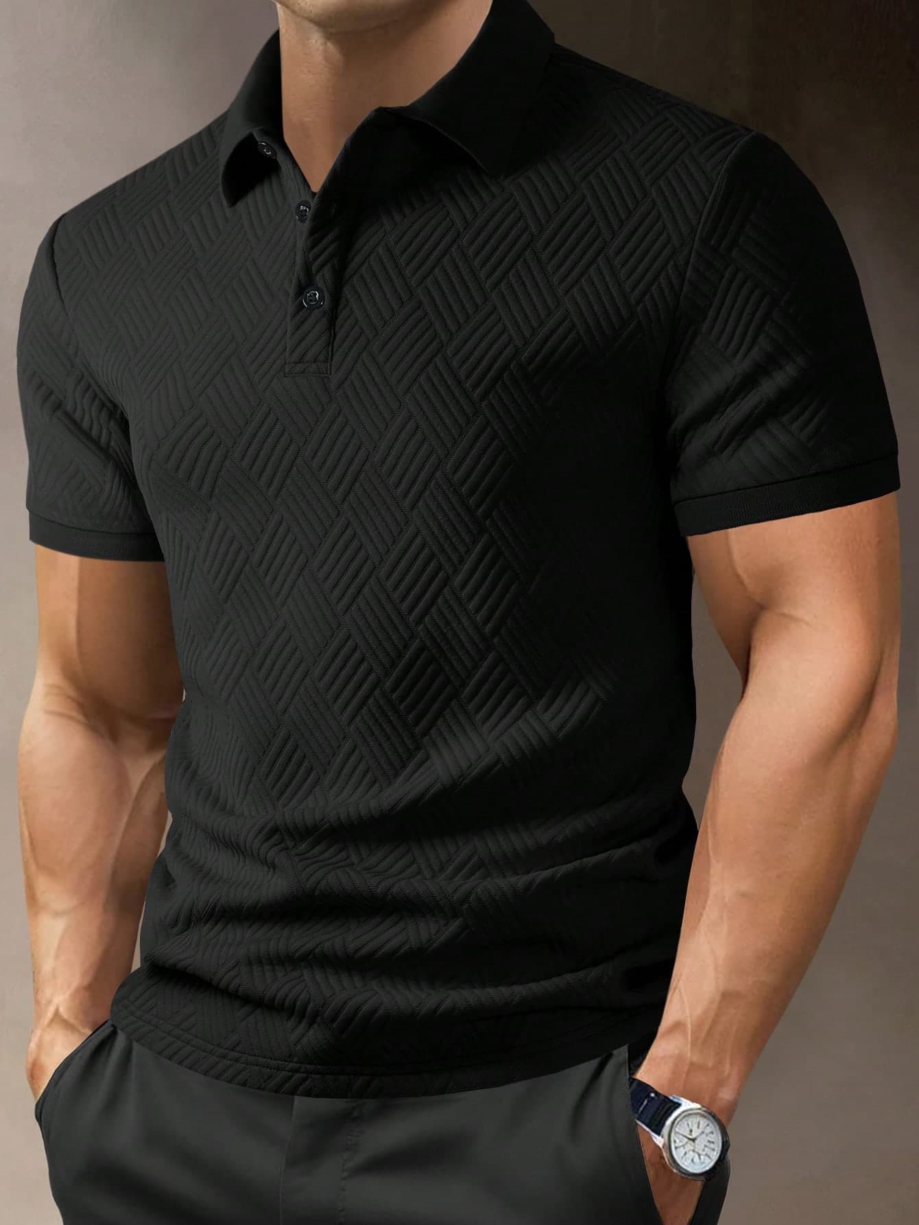 Manfinity Homme Men's Textured Pattern Short Sleeve Polo Shirt, Casual & Fashionable For Summer, Formal