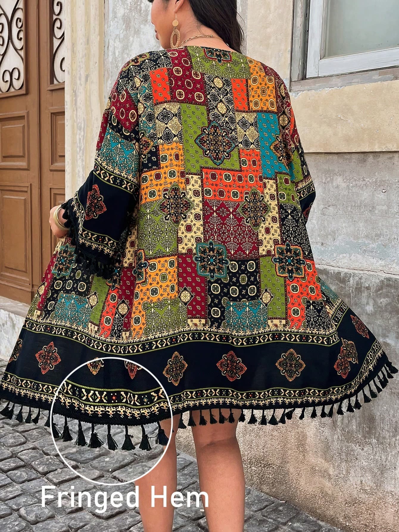 SHEIN LUNE Women's Plus Size Black And Red Vintage Print Tasseled Coat,Autumn 80s Fancy Dress Retro Lace Sun Protection Holiday Beach Rave Vacation Hem Tassel