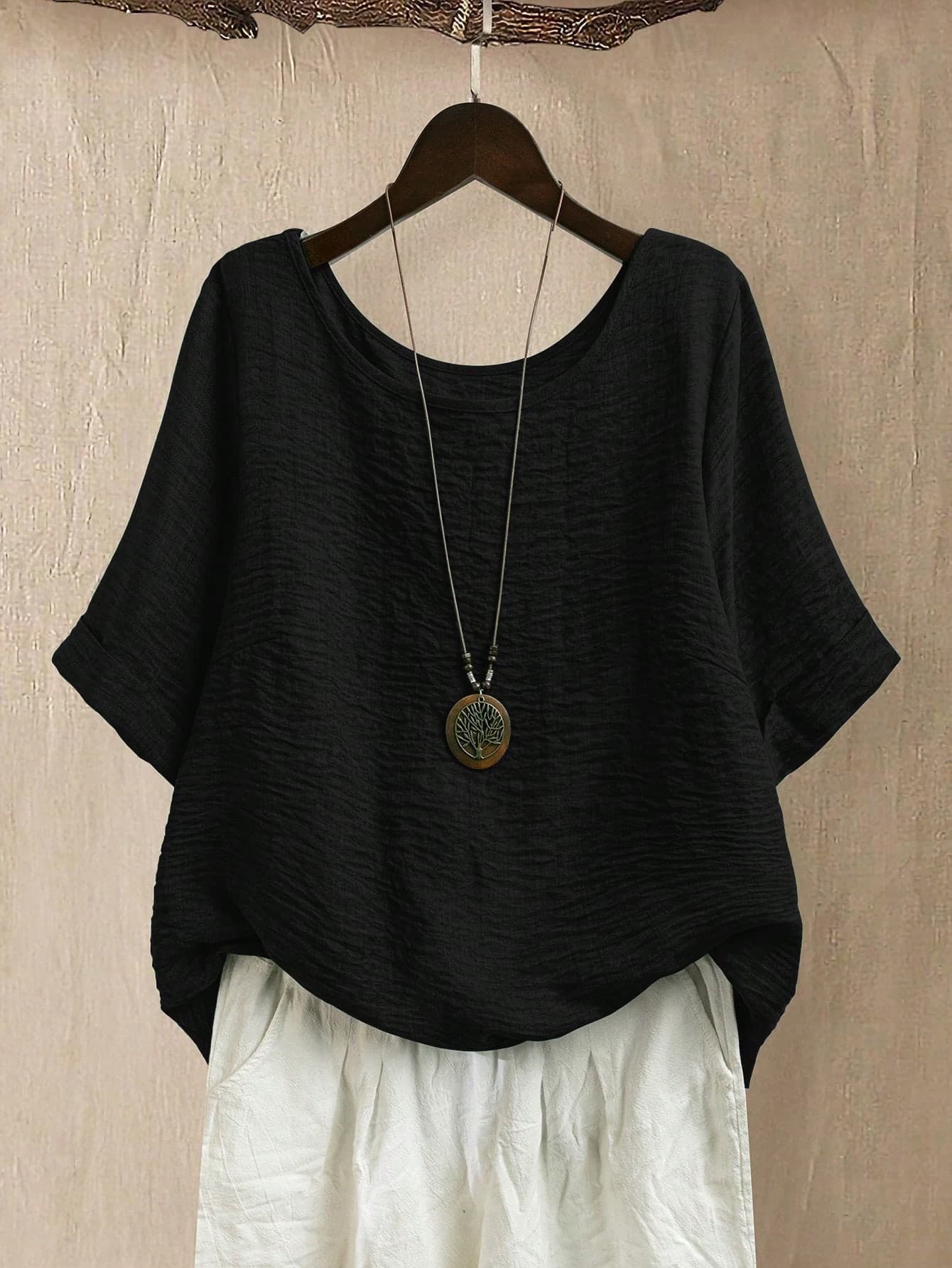 Linhara Plus Size Women Round Neck Casual/Daily/Outing/Minimalist/Holiday Comfortable Black Textured Pullover Top, Spring/Summer