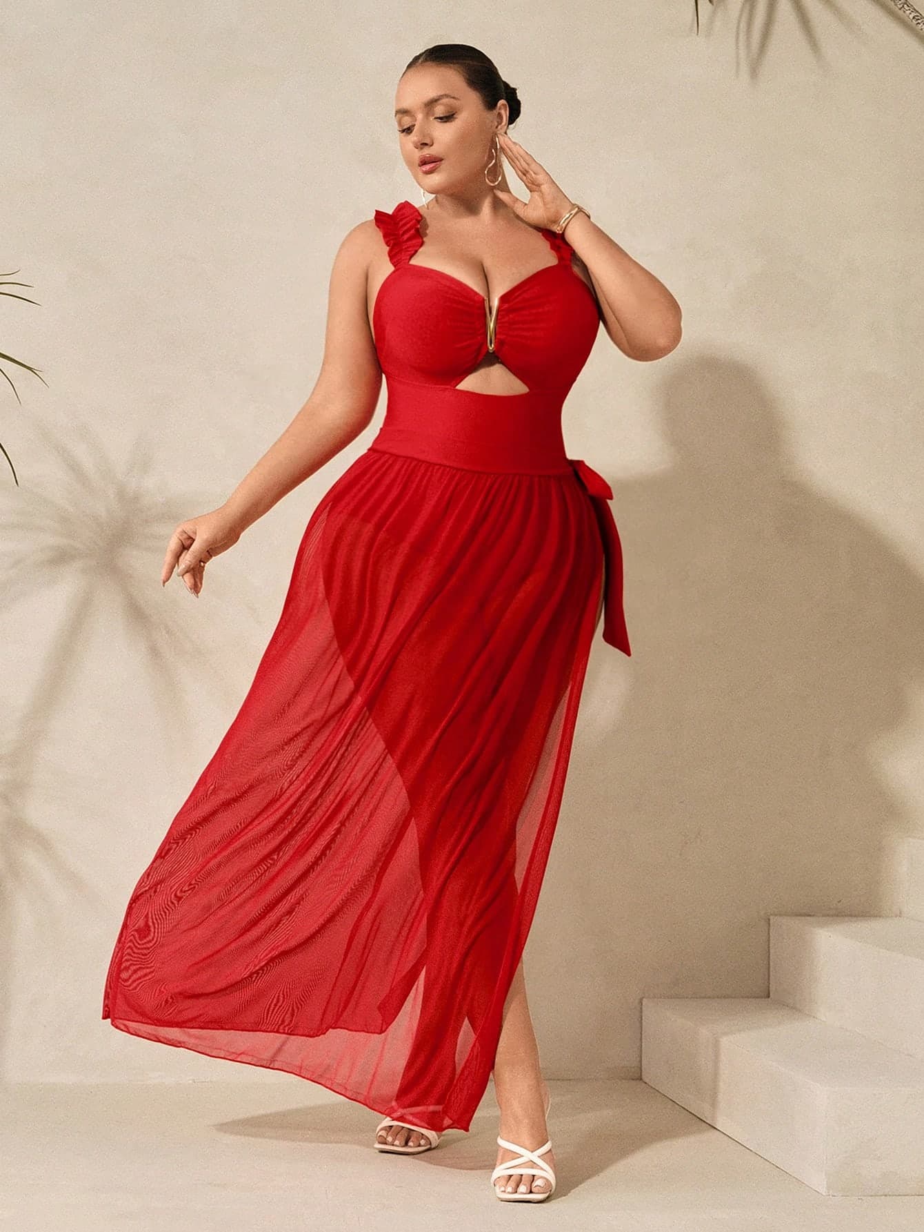 Swim Oasis Plus Size Women Fashion Casual Beach Holiday Style Red Solid Color Monokini Swimsuit + Skirt 2 Pieces Swimwear For Summer Beach Vacation