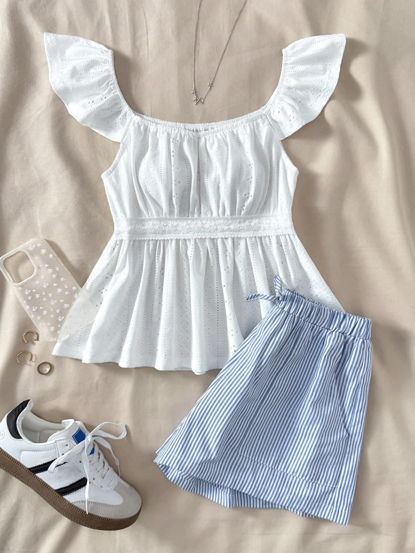 SHEIN Teen Girls All-Match Casual Versatile Solid Jacquard Loose Fit Cap Sleeve Blouse & Striped A-Line Mini Skirt, Spring & Summer