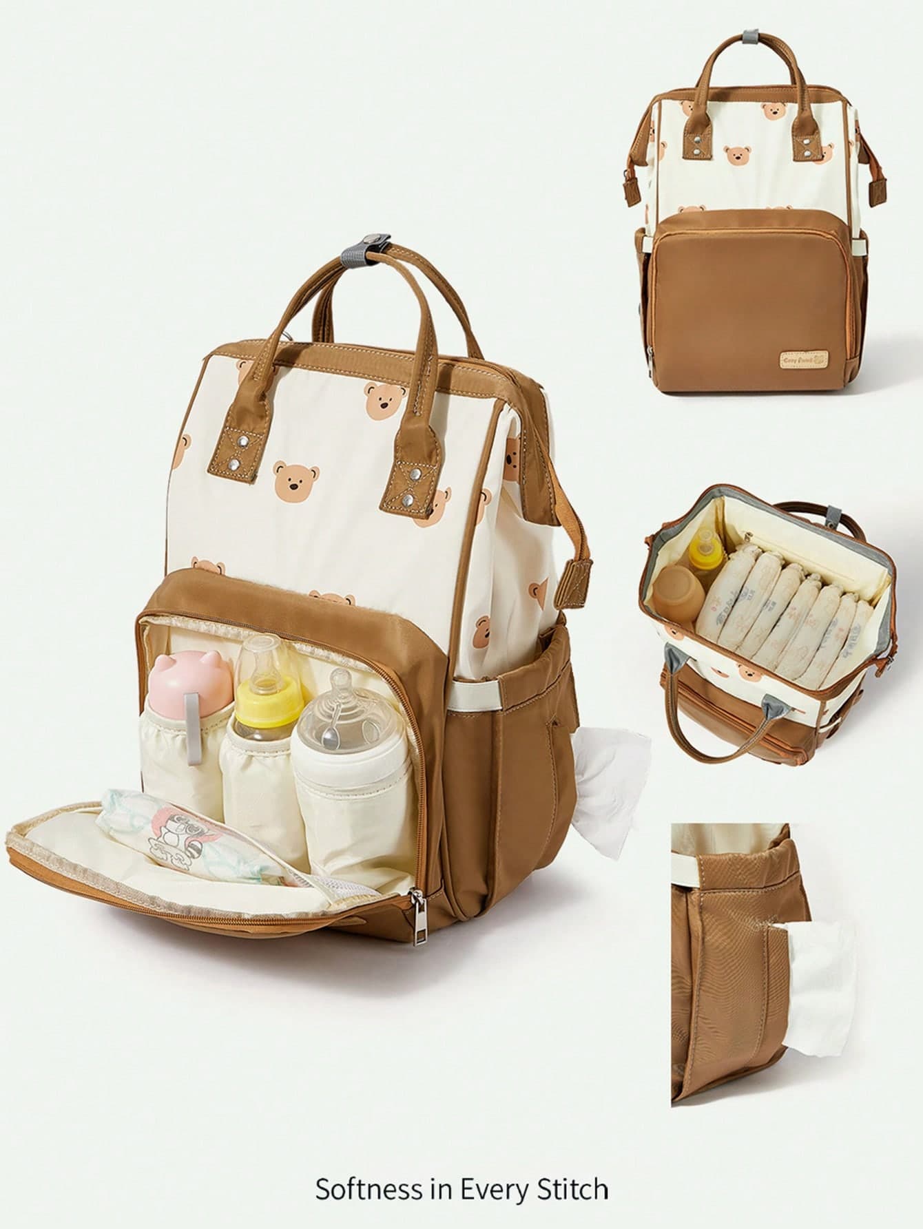 Cozy Pixies Khaki Bear Mother Bag, Convenient To Carry Outdoors, Large Capacity With Insulation Layer, Can Store Bottles, Multifunctional Diaper Bag