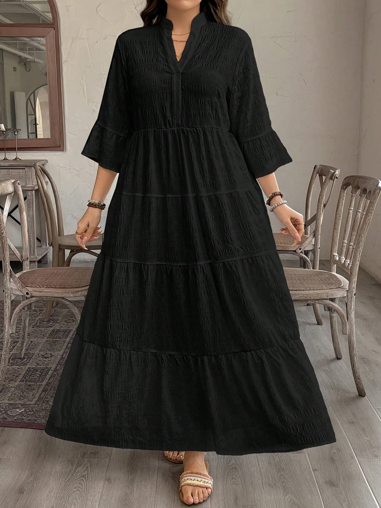 SHEIN LUNE Plus Size Bohemian Leaf Print Layered Babydoll Dress,Black,Autumn,Casual,Tea Party Elegant Ultra Long Dress,Vacation Summer Outfits For Women,Beach